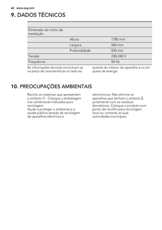 9. DADOS TÉCNICOS
Dimensão do nicho de
instalação
Altura 1780 mm
Largura 560 mm
Profundidade 550 mm
Tensão 230-240 V
Frequência 50 Hz
As informações técnicas encontram-se
na placa de características no lado es-
querdo do interior do aparelho e na eti-
queta de energia.
10. PREOCUPAÇÕES AMBIENTAIS
Recicle os materiais que apresentem
o símbolo . Coloque a embalagem
nos contentores indicados para
reciclagem.
Ajude a proteger o ambiente e a
saúde pública através da reciclagem
de aparelhos eléctricos e
electrónicos. Não elimine os
aparelhos que tenham o símbolo
juntamente com os resíduos
domésticos. Coloque o produto num
ponto de recolha para reciclagem
local ou contacte as suas
autoridades municipais.
40 www.aeg.com
 