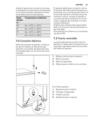 Instale el aparato en un punto en el que
la temperatura ambiente se corresponda
con la clase climática indicada en la pla-
ca de datos técnicos del aparato:
Clase
climáti-
ca
Temperatura ambiente
SN De +10°C a +32°C
N De +16°C a +32°C
ST De +16°C a +38°C
T De +16°C a +43°C
7.2 Conexión eléctrica
Antes de conectar el aparato, comprue-
be que el voltaje y la frecuencia que
aparecen en la placa de datos técnicos
se corresponden con el suministro de la
vivienda.
El aparato debe tener conexión a tierra.
El enchufe del cable de alimentación se
suministra con un contacto para tal fin. Si
la toma de red de la vivienda carece de
conexión a tierra, conecte el aparato a
una toma de tierra conforme con la nor-
mativa, después de consultar a un elec-
tricista profesional.
El fabricante rechaza toda responsabili-
dad si no se toman las precauciones an-
tes indicadas.
Este aparato es conforme con las directi-
vas de la CEE.
7.3 Puerta reversible
La puerta del aparato se abre hacia la
derecha. Si desea abrir la puerta hacia la
izquierda, siga estas instrucciones antes
de instalar el aparato:
1. Afloje y retire el perno superior.
2. Retire la puerta.
3. Retire el separador.
4. Afloje el perno inferior con una llave.
En el lado opuesto:
1. Apriete el perno inferior.
2. Coloque el separador.
3. Instale la puerta.
4. Apriete el perno superior.
ESPAÑOL 53
 