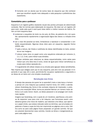 „„ Comente com os alunos que há outros tipos de esquema que irão conhecer
       para que escolham aquele mais adequado a cada pesquisa e preferências dos
       expositores.


Comentários para o professor
Esquema é um registro gráfico (bastante visual) dos pontos principais de determinado
conteúdo. Não há normas para elaboração do esquema. Ele deve ser um registro útil
para você, razão pela qual é você quem deve definir a melhor maneira de fazê-lo. Po-
rém um bom esquema deve:
  „„ evidenciar o esqueleto do texto (ou da aula, do filme, da palestra etc.) em ques-
     tão, apresentando rapidamente a organização lógica das ideias e a relação entre
     elas;
  „„ ser o mais fiel possível ao texto, limitando-se a reproduzir e compreender o con-
     teúdo esquematizado. Algumas dicas úteis para um esquema, segundo Huhne
     (2000), são:
    JJ após a leitura, dar títulos e subtítulos às ideias identificadas no texto, anotan-
       do-os nas margens;
    JJ colocar estes itens no papel como uma sequência ordenada por números (1,
       1.1, 1.2, 2 etc.) para indicar suas divisões;
    JJ utilizar símbolos para relacionar as ideias esquematizadas, como setas para
       indicar que uma ideia leva à outra, sinais de igual para indicar semelhança ou
       cruzes para indicar oposição etc.;
    JJ é igualmente útil utilizar chaves ({) ou círculos para agrupar ideias semelhantes.
Não importa que códigos você usa no seu esquema, pois ele é de uso pessoal. O im-
portante é que seja útil a você, permitindo-lhe recuperar rapidamente o argumento e
as ideias de um texto com uma simples visualização.


                              Revolução nos livros
    O desejo das pessoas de querer ler (e aprender!) mais e mais levou o homem
    a pensar em uma máquina que pudesse imprimir livros. Em 1450, o alemão
    Johann Gutenberg deu forma à tão sonhada máquina de impressão: o prelo.
    Houve uma revolução! Afinal, tornou-se possível fabricar um número maior de
    livros a um custo menor. Assim, as ideias passaram a se propagar com muito
    mais rapidez.
    Imagine que Gutenberg, com a ajuda de um mecânico, aperfeiçoou uma pren-
    sa de espremer uvas para criar a tal máquina, que funcionava assim: uma
    alavanca girava uma rosca de madeira, que abaixava uma tábua, que aperta-
    va o papel úmido, que estava colocado sobre as letrinhas, que arrumadas em
    palavras e frases e sujas de tinta iam imprimindo as páginas uma a uma. Ufa!
    Era como se para cada página fosse preparado um grande carimbo. Só que
    era possível desmanchar esse carimbo, tirando as letras e reorganizando-as
    para cada página nova.



Guia de Planejamento e Orientações Didáticas para o Professor da 3a série – Ciclo I         105
 