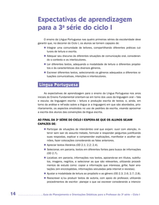 Expectativas de aprendizagem
     para a 3a série do ciclo I
          O ensino da Língua Portuguesa nas quatro primeiras séries da escolaridade deve
     garantir que, no decorrer do Ciclo I, os alunos se tornem capazes de:
          „„ Integrar uma comunidade de leitores, compartilhando diferentes práticas cul-
             turais de leitura e escrita.
          „„ Adequar seu discurso às diferentes situações de comunicação oral, consideran-
             do o contexto e os interlocutores.
          „„ Ler diferentes textos, adequando a modalidade de leitura a diferentes propósi-
             tos e às características dos diversos gêneros.
          „„ Escrever diferentes textos, selecionando os gêneros adequados a diferentes si-
             tuações comunicativas, intenções e interlocutores.


      Língua Portuguesa
           As expectativas de aprendizagem para o ensino da Língua Portuguesa nos anos
     iniciais do Ensino Fundamental orientam-se em torno dos usos da linguagem oral – fala
     e escuta; da linguagem escrita – leitura e produção escrita de textos; e, ainda, em
     torno da análise e reflexão sobre a língua (e a linguagem) em que são abordados, prio-
     ritariamente, os aspectos envolvidos no uso de padrões da escrita, visando aproximar
     a escrita dos alunos das convenções da língua escrita.

     AO FINAL DA 3a Série DO CICLO I ESPERA-SE QUE OS ALUNOS SEJAM
     CAPAZES DE:
          „„ Participar de situações de intercâmbio oral que exijam: ouvir com atenção, in-
             tervir sem sair do assunto tratado, formular e responder perguntas justiﬁcando
             suas respostas, explicar e compreender explicações, manifestar e acolher opi­
             niões, fazer colocações considerando as falas anteriores.
          „„ Apreciar textos literários (OD 2.1; 2.2; 2.4).
          „„ Selecionar, em parceria, textos em diferentes fontes para busca de informações
             (OD 2.7).
          „„ Localizar, em parceria, informações nos textos, apoiando-se em títulos, subtítu-
             los, imagens, negritos, e selecionar as que são relevantes, utilizando procedi-
             mentos de estudo como: copiar a informação que interessa, grifar, fazer ano-
             tações (em enciclopédias, informações veiculadas pela internet e revistas).
          „„ Ajustar a modalidade de leitura ao propósito e ao gênero (OD 2.3; 2.6; 2.7; 2.8).
          „„ Reescrever e/ou produzir textos de autoria, com apoio do professor, utilizando
             procedimentos de escritor: planejar o que vai escrever considerando a intencio-



14      	Guia de Planejamento e Orientações Didáticas para o Professor da 3a série – Ciclo I
 
