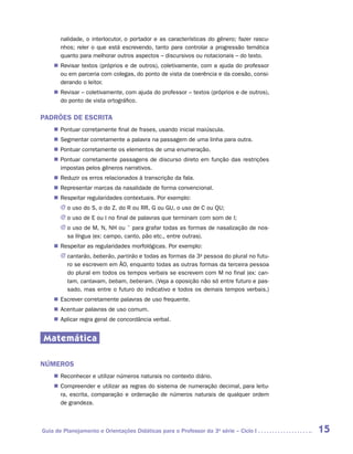 nalidade, o interlocutor, o portador e as características do gênero; fazer rascu-
       nhos; reler o que está escrevendo, tanto para controlar a progressão temática
       quanto para melhorar outros aspectos – discursivos ou notacionais – do texto.
    „„ Revisar textos (próprios e de outros), coletivamente, com a ajuda do professor
       ou em parceria com colegas, do ponto de vista da coerência e da coesão, consi-
       derando o leitor.
    „„ Revisar – coletivamente, com ajuda do professor – textos (próprios e de outros),
       do ponto de vista ortográﬁco.

PADRÕES DE ESCRITA
    „„ Pontuar corretamente final de frases, usando inicial maiúscula.
    „„ Segmentar corretamente a palavra na passagem de uma linha para outra.
    „„ Pontuar corretamente os elementos de uma enumeração.
    „„ Pontuar corretamente passagens de discurso direto em função das restrições
       impostas pelos gêneros narrativos.
    „„ Reduzir os erros relacionados à transcrição da fala.
    „„ Representar marcas da nasalidade de forma convencional.
    „„ Respeitar regularidades contextuais. Por exemplo:
       JJ o uso do S, o do Z, do R ou RR, G ou GU, o uso de C ou QU;
       JJ o uso de E ou I no final de palavras que terminam com som de I;
       JJ o uso de M, N, NH ou ˜ para grafar todas as formas de nasalização de nos-
          sa língua (ex: campo, canto, pão etc., entre outras).
    „„ Respeitar as regularidades morfológicas. Por exemplo:
       JJ cantarão, beberão, partirão e todas as formas da 3a pessoa do plural no futu-
          ro se escrevem em ÃO, enquanto todas as outras formas da terceira pessoa
          do plural em todos os tempos verbais se escrevem com M no final (ex: can-
          tam, cantavam, bebam, beberam. (Veja a oposição não só entre futuro e pas-
          sado, mas entre o futuro do indicativo e todos os demais tempos verbais.)
    „„ Escrever corretamente palavras de uso frequente.
    „„ Acentuar palavras de uso comum.
    „„ Aplicar regra geral de concordância verbal.


Matemática

NÚMEROS
    „„ Reconhecer e utilizar números naturais no contexto diário.
    „„ Compreender e utilizar as regras do sistema de numeração decimal, para leitu-
       ra, escrita, comparação e ordenação de números naturais de qualquer ordem
       de grandeza.



Guia de Planejamento e Orientações Didáticas para o Professor da 3a série – Ciclo I        15
 