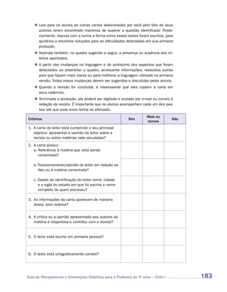 „„ Leia para os alunos as outras cartas selecionadas por você pelo fato de seus
       autores terem encontrado maneiras de superar a questão identificada. Poste-
       riormente, discuta com a turma a forma como esses textos foram escritos, para
       ajudá-los a encontrar soluções para as dificuldades detectadas em sua primeira
       produção.
    „„ Assinale também, no quadro sugerido a seguir, a presença ou ausência dos cri-
       térios apontados.
    „„ A partir das mudanças na linguagem e do acréscimo dos aspectos que foram
       detectados ao preencher o quadro, acrescente informações, reescreva outras
       para que fiquem mais claras ou para melhorar a linguagem utilizada na primeira
       versão. Todas essas mudanças devem ser sugeridas e discutidas pelos alunos.
    „„ Quando a revisão for concluída, é interessante que eles copiem a carta em
       seus cadernos.
    „„ Terminada a produção, ela poderá ser digitada e enviada por e-mail ou correio à
       redação da revista. É importante que os alunos acompanhem cada um dos pas-
       sos até que esse envio tenha se efetivado.
                                                                        Mais ou
Critérios                                                    Sim                      Não
                                                                        menos
1.	  carta do leitor está cumprindo o seu principal
    A
    objetivo: apresentar a opinião do leitor sobre a
    revista ou sobre matérias nela veiculadas?
2.	  carta possui:
    A
    a.  eferência à matéria que está sendo
       R
       comentada?

    b.  osicionamento/opinião do leitor em relação ao
       P
       fato ou à matéria comentada?

    c.  ados de identificação do leitor como: cidade
       D
       e a sigla do estado em que foi escrita e nome
       completo de quem escreveu?

3.	  s informações da carta aparecem de maneira
    A
    direta, sem rodeios?


4.	 A crítica ou a opinião apresentada aos autores da
    
    matéria é respeitosa e contribui com a revista?


5.	 O texto está escrito em primeira pessoa?
    



6.	  texto está ortograficamente correto?
    O




Guia de Planejamento e Orientações Didáticas para o Professor da 3a série – Ciclo I         183
 
