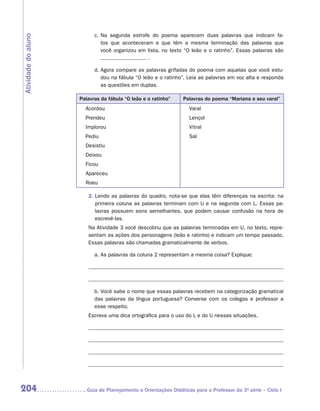c.	 a segunda estrofe do poema aparecem duas palavras que indicam fa-
                              N
Atividade do aluno
                              tos que aconteceram e que têm a mesma terminação das palavras que
                              você organizou em lista, no texto “O leão e o ratinho”. Essas palavras são
                                                .

                           d.  gora compare as palavras grifadas do poema com aquelas que você estu-
                              A
                              dou na fábula “O leão e o ratinho”. Leia as palavras em voz alta e responda
                              as questões em duplas.

                     Palavras da fábula “O leão e o ratinho”    Palavras do poema “Mariana e seu varal”
                       Acordou                                     Varal
                       Prendeu                                     Lençol
                       Implorou                                    Vitral
                       Pediu                                       Sal
                       Desistiu
                       Deixou
                       Ficou
                       Apareceu
                       Roeu

                        2.  endo as palavras do quadro, nota-se que elas têm diferenças na escrita: na
                           L
                           primeira coluna as palavras terminam com U e na segunda com L. Essas pa-
                           lavras possuem sons semelhantes, que podem causar confusão na hora de
                           escrevê-las.
                        Na Atividade 3 você descobriu que as palavras terminadas em U, no texto, repre-
                        sentam as ações dos personagens (leão e ratinho) e indicam um tempo passado.
                        Essas palavras são chamadas gramaticalmente de verbos.

                           a.	As palavras da coluna 2 representam a mesma coisa? Explique:




                           b.	Você sabe o nome que essas palavras recebem na categorização gramatical
                           das palavras da língua portuguesa? Converse com os colegas e professor a
                           esse respeito.
                        Escreva uma dica ortográfica para o uso do L e do U nessas situações.




204                    	Guia de Planejamento e Orientações Didáticas para o Professor da 3a série – Ciclo I
 
