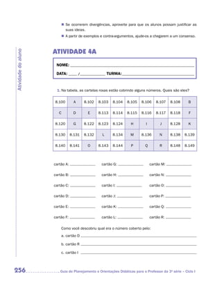 „„ Se ocorrerem divergências, aproveite para que os alunos possam justificar as
                            suas ideias.
                         „„ A partir de exemplos e contra-argumentos, ajude-os a chegarem a um consenso.



                     ATIVIDADE 4A
Atividade do aluno




                      NOME:___________________________________________________________________________

                      DATA: _____ /_______________	TURMA:____________________________________________



                      1.	Na tabela, as cartelas roxas estão cobrindo alguns números. Quais são eles?


                     8.100        A      8.102   8.103   8.104   8.105    8.106     8.107    8.108     B

                        C         D       E      8.113   8.114   8.115    8.116     8.117    8.118     F

                     8.120        G      8.122   8.123   8.124      H        I         J     8.128     K

                     8.130       8.131   8.132     L     8.134      M     8.136        N     8.138   8.139

                     8.140       8.141    O      8.143   8.144      P        Q         R     8.148   8.149



                     cartão A:                    cartão G:                      cartão M:

                     cartão B:                    cartão H:                      cartão N:

                     cartão C:                    cartão I:                      cartão O:

                     cartão D:                    cartão J:                      cartão P:

                     cartão E:                    cartão K:                      cartão Q:

                     cartão F:                    cartão L:                      cartão R:

                         Como você descobriu qual era o número coberto pelo:
                         a.	cartão D	

                         b.	cartão R	

                         c.	cartão I	



256                     	Guia de Planejamento e Orientações Didáticas para o Professor da 3a série – Ciclo I
 