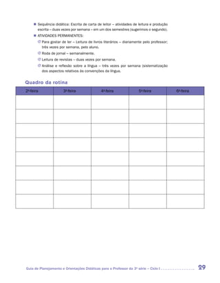 „„ Sequência didática: Escrita de carta de leitor – atividades de leitura e produção
        escrita – duas vezes por semana – em um dos semestres (sugerimos o segundo).
     „„ ATIVIDADES PERMANENTES:
       JJ Para gostar de ler – Leitura de livros literários – diariamente pelo professor;
          três vezes por semana, pelo aluno.
       JJ Roda de jornal – semanalmente.
       JJ Leitura de revistas – duas vezes por semana.
       JJ Análise e reflexão sobre a língua – três vezes por semana (sistematização
          dos aspectos relativos às convenções da língua.


Quadro da rotina
2a-feira               3a-feira                4a-feira               5a-feira              6a-feira




Guia de Planejamento e Orientações Didáticas para o Professor da 3a série – Ciclo I                    29
 