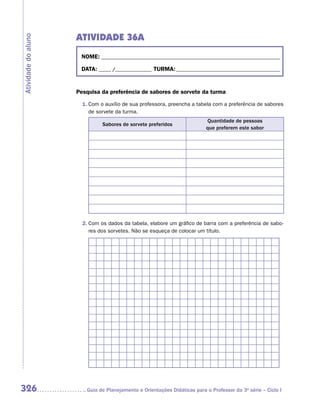ATIVIDADE 36A
Atividade do aluno


                      NOME:___________________________________________________________________________

                      DATA: _____ /_______________	TURMA:____________________________________________


                     Pesquisa da preferência de sabores de sorvete da turma

                       1.	Com o auxílio de sua professora, preencha a tabela com a preferência de sabores
                          de sorvete da turma.
                                                                           Quantidade de pessoas
                               Sabores de sorvete preferidos
                                                                           que preferem este sabor




                       2.	Com os dados da tabela, elabore um gráfico de barra com a preferência de sabo-
                          res dos sorvetes. Não se esqueça de colocar um título.




326                     	Guia de Planejamento e Orientações Didáticas para o Professor da 3a série – Ciclo I
 