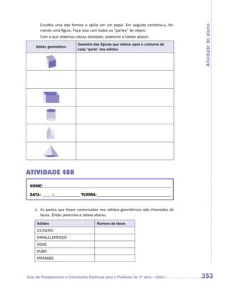 Escolha uma das formas e apóie em um papel. Em seguida contorne-a, for-




                                                                                      Atividade do aluno
       mando uma figura. Faça isso com todas as “partes” do objeto.
       Com o que observou nessa atividade, preencha a tabela abaixo:
                              Desenho das figuras que obteve após o contorno de
     Sólido geométrico
                              cada “parte” dos sólidos




ATIVIDADE 48B
 NOME:___________________________________________________________________________

 DATA: _____ /_______________	TURMA:____________________________________________


    1.	 As partes que foram contornadas nos sólidos geométricos são chamadas de
        faces. Então preencha a tabela abaixo:

     Sólidos                             Número de faces
     CILINDRO
     PARALELEPÍPEDO
     CONE
     CUBO
     PIRÂMIDE



Guia de Planejamento e Orientações Didáticas para o Professor da 3a série – Ciclo I   353
 
