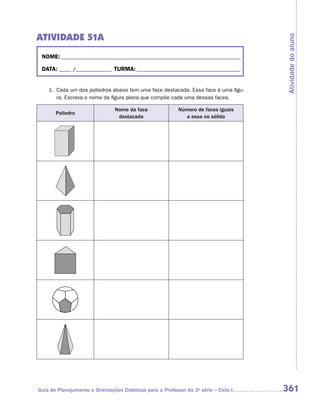 Atividade 51A




                                                                                      Atividade do aluno
 NOME:___________________________________________________________________________

 DATA: _____ /_______________	TURMA:____________________________________________


    1.	 Cada um dos poliedros abaixo tem uma face destacada. Essa face é uma figu-
        ra. Escreva o nome da figura plana que compõe cada uma dessas faces.

                                Nome da face               Número de faces iguais
       Poliedro
                                 destacada                   a essa no sólido




Guia de Planejamento e Orientações Didáticas para o Professor da 3a série – Ciclo I   361
 