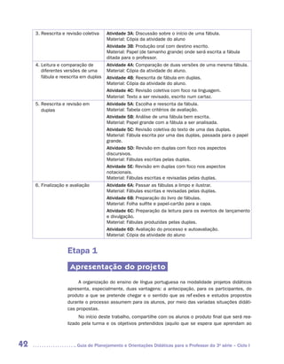 3.  eescrita e revisão coletiva
        R                               Atividade 3A: Discussão sobre o início de uma fábula.
                                        Material: Cópia da atividade do aluno
                                        Atividade 3B: Produção oral com destino escrito.
                                        Material: Papel (de tamanho grande) onde será escrita a fábula
                                        ditada para o professor.
     4.  eitura e comparação de
        L                               Atividade 4A: Comparação de duas versões de uma mesma fábula.
        diferentes versões de uma       Material: Cópia da atividade do aluno.
        fábula e reescrita em duplas    Atividade 4B: Reescrita de fábula em duplas.
                                        Material: Cópia da atividade do aluno.
                                        Atividade 4C: Revisão coletiva com foco na linguagem.
                                        Material: Texto a ser revisado, escrito num cartaz.
     5.  eescrita e revisão em
        R                               Atividade 5A: Escolha e reescrita da fábula.
        duplas                          Material: Tabela com critérios de avaliação.
                                        Atividade 5B: Análise de uma fábula bem escrita.
                                        Material: Papel grande com a fábula a ser analisada.
                                        Atividade 5C: Revisão coletiva do texto de uma das duplas.
                                        Material: Fábula escrita por uma das duplas, passada para o papel
                                        grande.
                                        Atividade 5D: Revisão em duplas com foco nos aspectos
                                        discursivos.
                                        Material: Fábulas escritas pelas duplas.
                                        Atividade 5E: Revisão em duplas com foco nos aspectos
                                        notacionais.
                                        Material: Fábulas escritas e revisadas pelas duplas.
     6.  inalização e avaliação
        F                               Atividade 6A: Passar as fábulas a limpo e ilustrar.
                                        Material: Fábulas escritas e revisadas pelas duplas.
                                        Atividade 6B: Preparação do livro de fábulas.
                                        Material: Folha sulfite e papel-cartão para a capa.
                                        Atividade 6C: Preparação da leitura para os eventos de lançamento
                                        e divulgação.
                                        Material: Fábulas produzidas pelas duplas.
                                        Atividade 6D: Avaliação do processo e autoavaliação.
                                        Material: Cópia da atividade do aluno


                     Etapa 1
                      Apresentação do projeto
                          A organização do ensino de língua portuguesa na modalidade projetos didáticos
                     apresenta, especialmente, duas vantagens: a antecipação, para os participantes, do
                     produto a que se pretende chegar e o sentido que as reflexões e estudos propostos
                     durante o processo assumem para os alunos, por meio das variadas situações didáti-
                     cas propostas.
                           No início deste trabalho, compartilhe com os alunos o produto final que será rea­
                     lizado pela turma e os objetivos pretendidos (aquilo que se espera que aprendam ao



42                       	Guia de Planejamento e Orientações Didáticas para o Professor da 3a série – Ciclo I
 