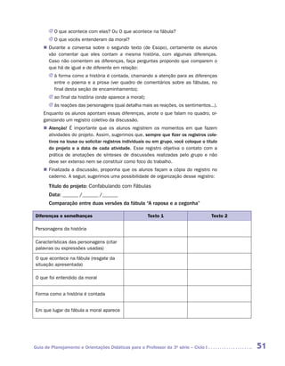 JJ O que acontece com elas? Ou O que acontece na fábula?
       JJ O que vocês entenderam da moral?
    „„ Durante a conversa sobre o segundo texto (de Esopo), certamente os alunos
       vão comentar que eles contam a mesma história, com algumas diferenças.
       Caso não comentem as diferenças, faça perguntas propondo que comparem o
       que há de igual e de diferente em relação:
       JJ à forma como a história é contada, chamando a atenção para as diferenças
          entre o poema e a prosa (ver quadro de comentários sobre as fábulas, no
          final desta seção de encaminhamento);
       JJ ao final da história (onde aparece a moral);
       JJ às reações das personagens (qual detalha mais as reações, os sentimentos...).
    Enquanto os alunos apontam essas diferenças, anote o que falam no quadro, or-
    ganizando um registro coletivo da discussão.
    „„ Atenção! É importante que os alunos registrem os momentos em que fazem
       atividades do projeto. Assim, sugerimos que, sempre que fizer os registros cole-
       tivos na lousa ou solicitar registros individuais ou em grupo, você coloque o título
       do projeto e a data de cada atividade. Esse registro objetiva o contato com a
       prática de anotações de sínteses de discussões realizadas pelo grupo e não
       deve ser extenso nem se constituir como foco do trabalho.
    „„ Finalizada a discussão, proponha que os alunos façam a cópia do registro no
       caderno. A seguir, sugerimos uma possibilidade de organização desse registro:

       Título do projeto: Confabulando com Fábulas
       Data: ______ /______ /______
       Comparação entre duas versões da fábula “A raposa e a cegonha”

Diferenças e semelhanças                                 Texto 1                        Texto 2

Personagens da história

Características das personagens (citar
palavras ou expressões usadas)

O que acontece na fábula (resgate da
situação apresentada)

O que foi entendido da moral


Forma como a história é contada


Em que lugar da fábula a moral aparece




Guia de Planejamento e Orientações Didáticas para o Professor da 3a série – Ciclo I               51
 