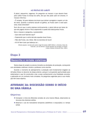 AS FRUTAS DO JABUTI




                                                                                                       Atividade do aluno
     O jabuti, pequenino, vagaroso, foi perguntar ao macaco o que deveria fazer
     para colher frutas no tempo da safra, ele que não pode subir em árvores. O
     macaco informou:
     – É simples. Vá para debaixo da árvore que estiver carregada e espere um dia
     de vento. Quando a ventania sacudir os galhos, as frutas caem e você apro-
     veita. Está entendido?
     Num dia em que o vento soprava continuamente, o jabuti pôs-se por baixo do
     que ele julgava árvore e ficou esperando a queda dos balouçantes frutos.
     Veio o macaco e perguntou, surpreendido:
     – Que está você fazendo aqui?
     – Esperando que o vento derrube aquelas duas frutas...
     – Não são frutas, seu idiota. São os escrotos do touro!
     – Ai! Ai! Nem tudo que balança cai...
           (Fábula popular, narrada pelo poeta Jorge Fernandes [1887-1953], in: Almeida, Vieira de;
                                 Cascudo, Luís da Câmara. Grande fabulário de Portugal e do Brasil.
                                                            Lisboa: Edições Artísticas Fólio, 1962.)




Etapa 3
 Reescrita e revisão coletivas
    Nesta etapa do projeto os alunos iniciarão as atividades de produção, começando
com atividades coletivas e tendo o professor como escriba.
      Durante o momento de planejamento e produção será fundamental resgatar as
reflexões feitas no decorrer da etapa anterior, porque é uma grande oportunidade para
sistematizar o que foi construído e dar a esse conhecimento uma finalidade concreta:
a aplicação em um contexto mais complexo. As perguntas sugeridas para a sua media-
ção têm esse objetivo.



ATIVIDADE 3A: discussão sobre o início
de uma fábula

Objetivos
    „„ Comparar o início de diferentes versões de uma mesma fábula, observando os
       recursos dos diversos estilos.
    „„ Observar o uso de marcadores temporais (advérbios e conjunções) e o tempo
       verbal.



Guia de Planejamento e Orientações Didáticas para o Professor da 3a série – Ciclo I                     69
 