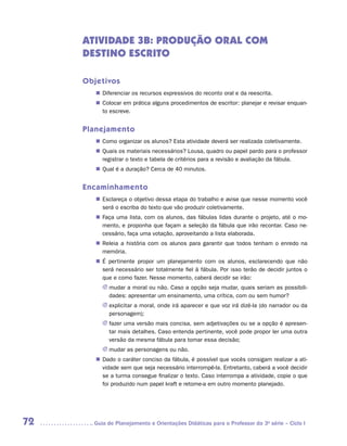 ATIVIDADE 3B: PRODUÇÃO ORAL COM
     DESTINO ESCRITO

     Objetivos
        „„ Diferenciar os recursos expressivos do reconto oral e da reescrita.
        „„ Colocar em prática alguns procedimentos de escritor: planejar e revisar enquan-
           to escreve.


     Planejamento
        „„ Como organizar os alunos? Esta atividade deverá ser realizada coletivamente.
        „„ Quais os materiais necessários? Lousa, quadro ou papel pardo para o professor
           registrar o texto e tabela de critérios para a revisão e avaliação da fábula.
        „„ Qual é a duração? Cerca de 40 minutos.


     Encaminhamento
        „„ Esclareça o objetivo dessa etapa do trabalho e avise que nesse momento você
           será o escriba do texto que vão produzir coletivamente.
        „„ Faça uma lista, com os alunos, das fábulas lidas durante o projeto, até o mo-
           mento, e proponha que façam a seleção da fábula que irão recontar. Caso ne-
           cessário, faça uma votação, aproveitando a lista elaborada.
        „„ Releia a história com os alunos para garantir que todos tenham o enredo na
           memória.
        „„ É pertinente propor um planejamento com os alunos, esclarecendo que não
           será necessário ser totalmente fiel à fábula. Por isso terão de decidir juntos o
           que e como fazer. Nesse momento, caberá decidir se irão:
          JJ mudar a moral ou não. Caso a opção seja mudar, quais seriam as possibili-
             dades: apresentar um ensinamento, uma crítica, com ou sem humor?
          JJ explicitar a moral, onde irá aparecer e que voz irá dizê-la (do narrador ou da
             personagem);
          JJ fazer uma versão mais concisa, sem adjetivações ou se a opção é apresen-
             tar mais detalhes. Caso entenda pertinente, você pode propor ler uma outra
             versão da mesma fábula para tomar essa decisão;
          JJ mudar as personagens ou não.
        „„ Dado o caráter conciso da fábula, é possível que vocês consigam realizar a ati-
           vidade sem que seja necessário interrompê-la. Entretanto, caberá a você decidir
           se a turma consegue finalizar o texto. Caso interrompa a atividade, copie o que
           foi produzido num papel kraft e retome-a em outro momento planejado.




72     	Guia de Planejamento e Orientações Didáticas para o Professor da 3a série – Ciclo I
 