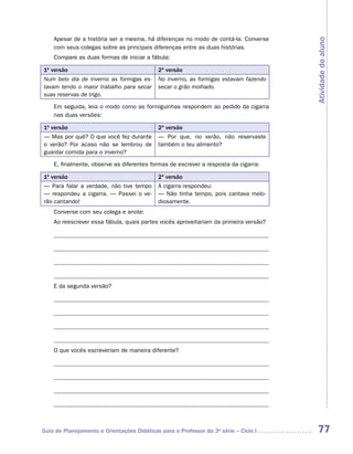 Apesar de a história ser a mesma, há diferenças no modo de contá-la. Converse




                                                                                      Atividade do aluno
    com seus colegas sobre as principais diferenças entre as duas histórias.
    Compare as duas formas de iniciar a fábula:

1ª versão                                   2ª versão
Num belo dia de inverno as formigas es-     No inverno, as formigas estavam fazendo
tavam tendo o maior trabalho para secar     secar o grão molhado.
suas reservas de trigo.

    Em seguida, leia o modo como as formiguinhas respondem ao pedido da cigarra
    nas duas versões:

1ª versão                                   2ª versão
— Mas por quê? O que você fez durante       — Por que, no verão, não reservaste
o verão? Por acaso não se lembrou de        também o teu alimento?
guardar comida para o inverno?

    E, finalmente, observe as diferentes formas de escrever a resposta da cigarra:

1ª versão                                   2ª versão
— Para falar a verdade, não tive tempo      A cigarra respondeu:
— respondeu a cigarra. — Passei o ve-       — Não tinha tempo, pois cantava melo-
rão cantando!                               diosamente.
    Converse com seu colega e anote:
    Ao reescrever essa fábula, quais partes vocês aproveitariam da primeira versão?




    E da segunda versão?




    O que vocês escreveriam de maneira diferente?




Guia de Planejamento e Orientações Didáticas para o Professor da 3a série – Ciclo I    77
 
