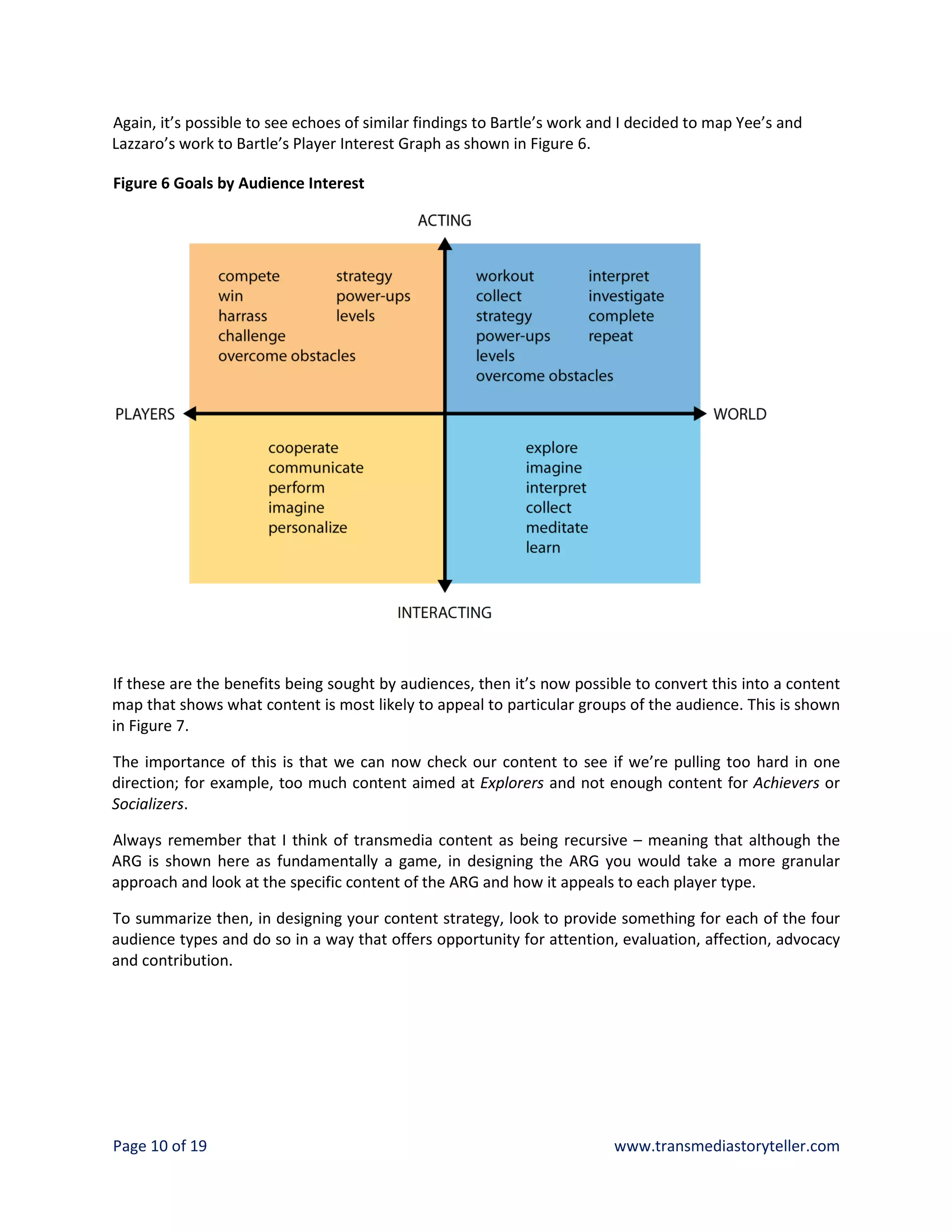 Again, it’s possible to see echoes of similar findings to Bartle’s work and I decided to map Yee’s and
Lazzaro’s work to Bartle’s Player Interest Graph as shown in Figure 6.

Figure 6 Goals by Audience Interest




If these are the benefits being sought by audiences, then it’s now possible to convert this into a content
map that shows what content is most likely to appeal to particular groups of the audience. This is shown
in Figure 7.

The importance of this is that we can now check our content to see if we’re pulling too hard in one
direction; for example, too much content aimed at Explorers and not enough content for Achievers or
Socializers.

Always remember that I think of transmedia content as being recursive – meaning that although the
ARG is shown here as fundamentally a game, in designing the ARG you would take a more granular
approach and look at the specific content of the ARG and how it appeals to each player type.

To summarize then, in designing your content strategy, look to provide something for each of the four
audience types and do so in a way that offers opportunity for attention, evaluation, affection, advocacy
and contribution.




Page 10 of 19                                                             www.transmediastoryteller.com
 