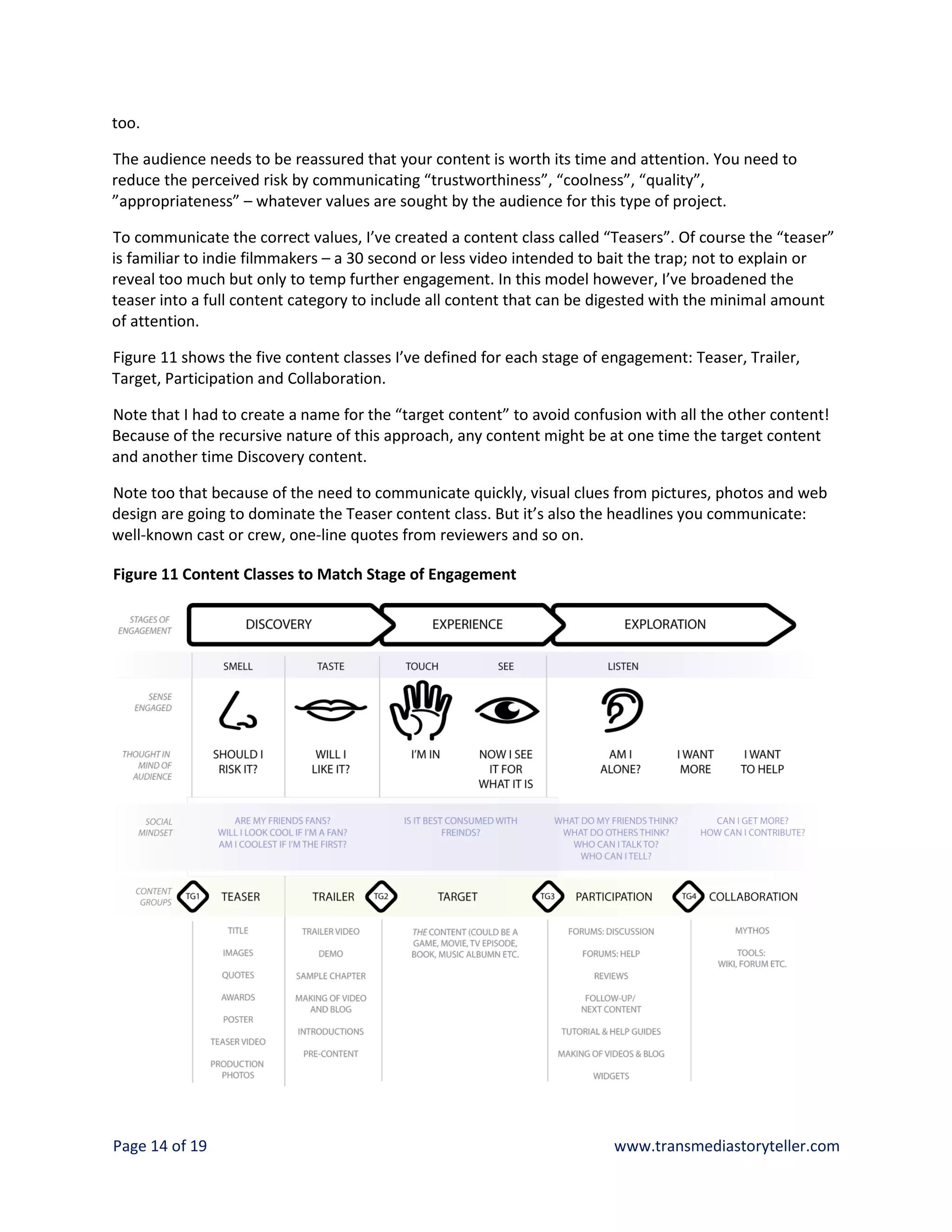 too.

The audience needs to be reassured that your content is worth its time and attention. You need to
reduce the perceived risk by communicating “trustworthiness”, “coolness”, “quality”,
”appropriateness” – whatever values are sought by the audience for this type of project.

To communicate the correct values, I’ve created a content class called “Teasers”. Of course the “teaser”
is familiar to indie filmmakers – a 30 second or less video intended to bait the trap; not to explain or
reveal too much but only to temp further engagement. In this model however, I’ve broadened the
teaser into a full content category to include all content that can be digested with the minimal amount
of attention.

Figure 11 shows the five content classes I’ve defined for each stage of engagement: Teaser, Trailer,
Target, Participation and Collaboration.

Note that I had to create a name for the “target content” to avoid confusion with all the other content!
Because of the recursive nature of this approach, any content might be at one time the target content
and another time Discovery content.

Note too that because of the need to communicate quickly, visual clues from pictures, photos and web
design are going to dominate the Teaser content class. But it’s also the headlines you communicate:
well-known cast or crew, one-line quotes from reviewers and so on.

Figure 11 Content Classes to Match Stage of Engagement




Page 14 of 19                                                           www.transmediastoryteller.com
 
