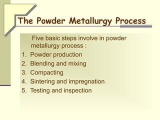 The Powder Metallurgy Process
Five basic steps involve in powder
metallurgy process :
1. Powder production
2. Blending and mixing
3. Compacting
4. Sintering and impregnation
5. Testing and inspection
 
