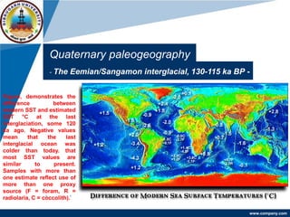 www.company.com
Quaternary paleogeography
- The Eemian/Sangamon interglacial, 130-115 ka BP -
Figure, demonstrates the
difference between
modern SST and estimated
SST °C at the last
interglaciation, some 120
ka ago. Negative values
mean that the last
interglacial ocean was
colder than today. that
most SST values are
similar to present.
Samples with more than
one estimate reflect use of
more than one proxy
source (F = foram, R =
radiolaria, C = coccolith).
 