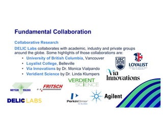 Collaborative Research
DELIC Labs collaborates with academic, industry and private groups
around the globe. Some highlights of those collaborations are:
• University of British Columbia, Vancouver
• Loyalist College, Belleville
• Via Innovations by Dr. Monica Vialpando
• Veridient Science by Dr. Linda Klumpers
Fundamental Collaboration
 