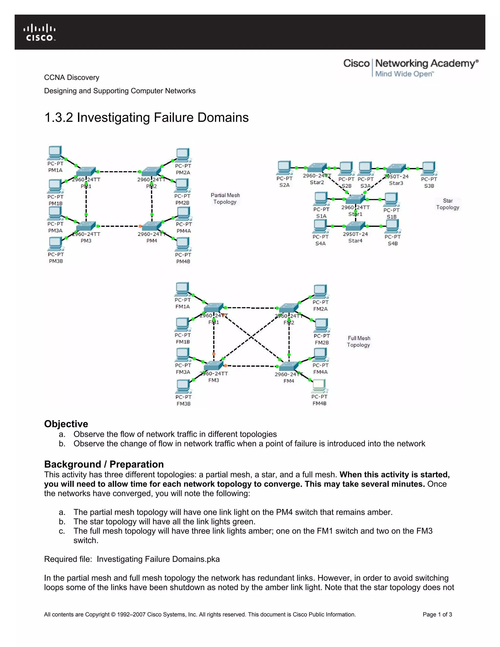 CCNA Discovery
Designing and Supporting Computer Networks
1.3.2 Investigating Failure Domains
Objective
a. Observe the flow of network traffic in different topologies
b. Observe the change of flow in network traffic when a point of failure is introduced into the network
Background / Preparation
This activity has three different topologies: a partial mesh, a star, and a full mesh. When this activity is started,
you will need to allow time for each network topology to converge. This may take several minutes. Once
the networks have converged, you will note the following:
a. The partial mesh topology will have one link light on the PM4 switch that remains amber.
b. The star topology will have all the link lights green.
c. The full mesh topology will have three link lights amber; one on the FM1 switch and two on the FM3
switch.
Required file: Investigating Failure Domains.pka
In the partial mesh and full mesh topology the network has redundant links. However, in order to avoid switching
loops some of the links have been shutdown as noted by the amber link light. Note that the star topology does not
All contents are Copyright © 1992–2007 Cisco Systems, Inc. All rights reserved. This document is Cisco Public Information. Page 1 of 3
 