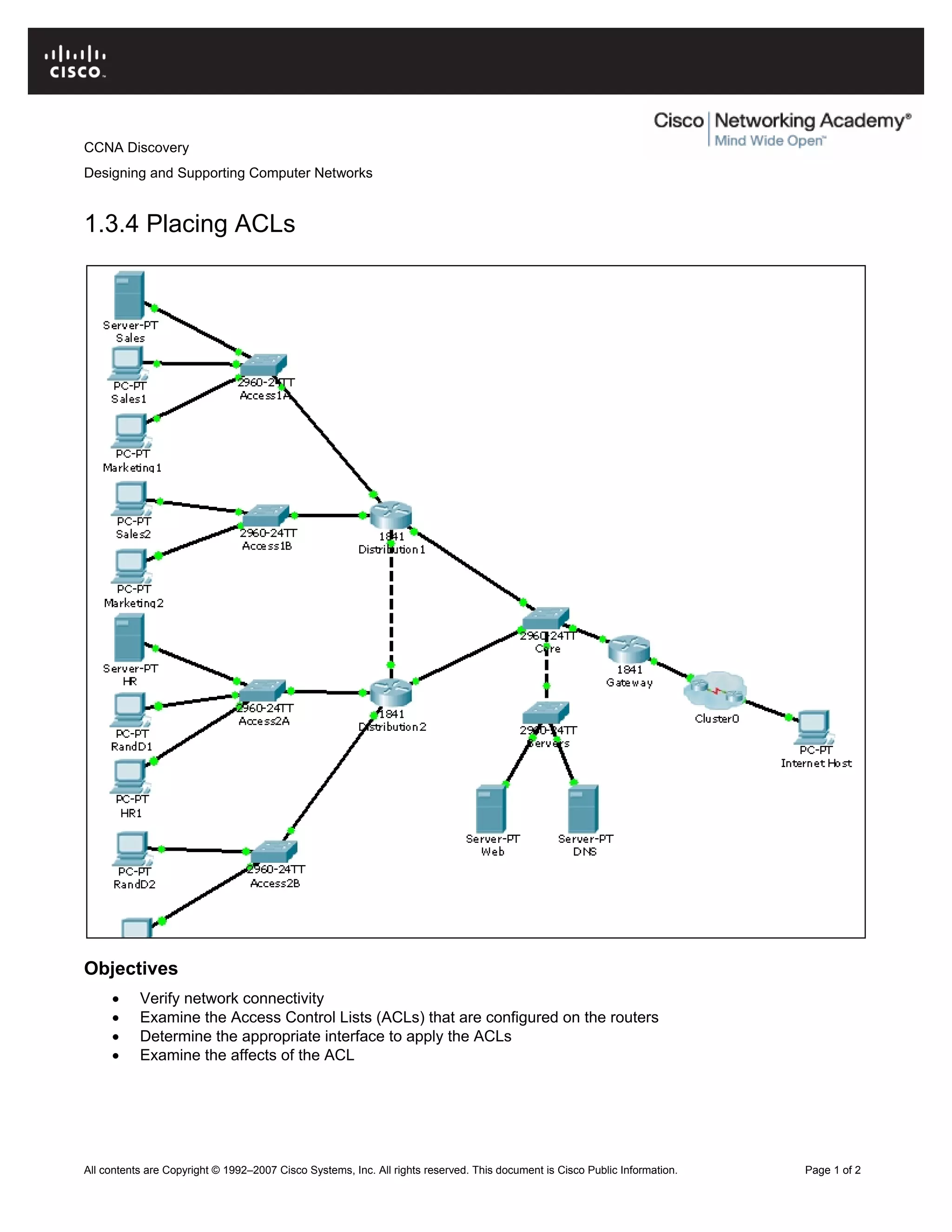 CCNA Discovery
Designing and Supporting Computer Networks
1.3.4 Placing ACLs
Objectives
• Verify network connectivity
• Examine the Access Control Lists (ACLs) that are configured on the routers
• Determine the appropriate interface to apply the ACLs
• Examine the affects of the ACL
All contents are Copyright © 1992–2007 Cisco Systems, Inc. All rights reserved. This document is Cisco Public Information. Page 1 of 2
 