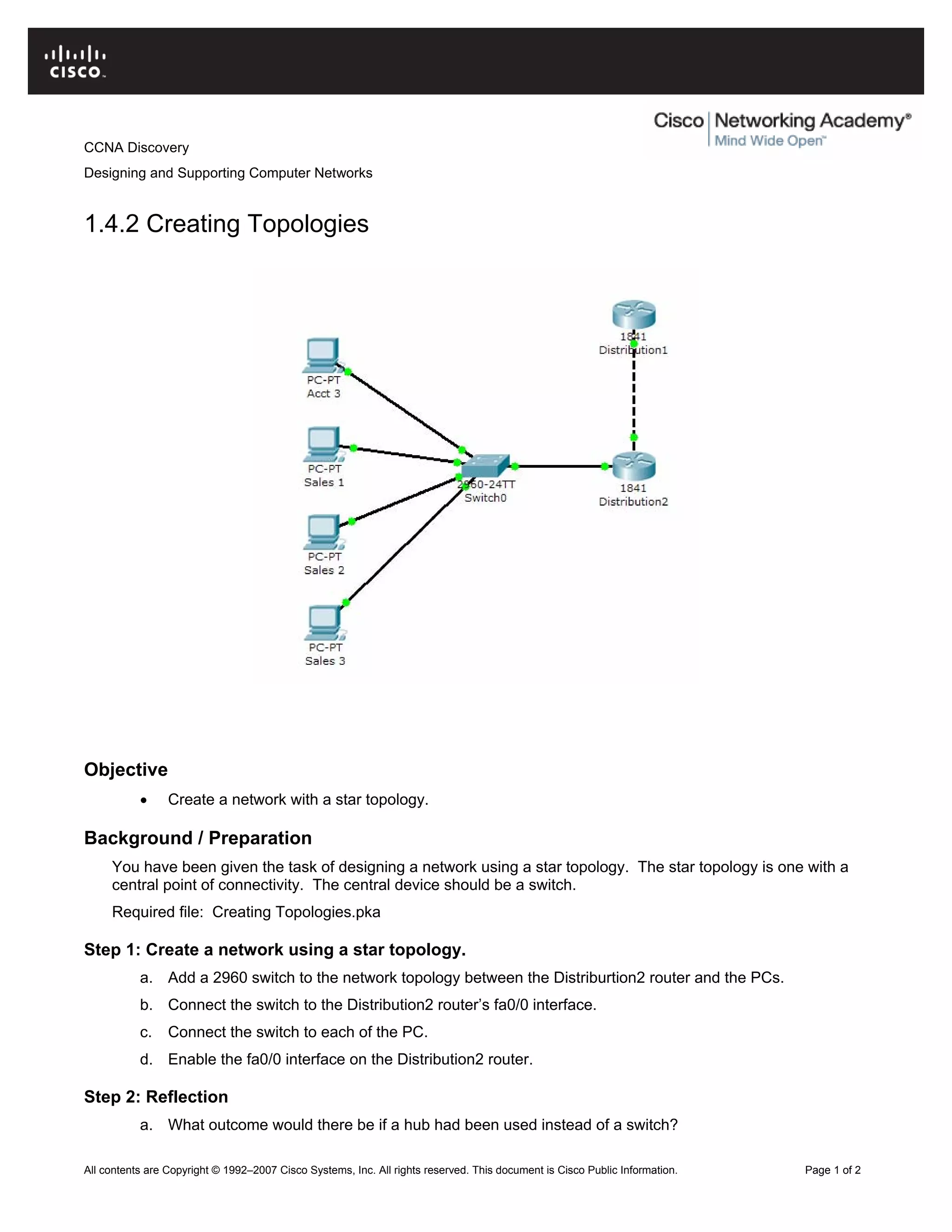 CCNA Discovery
Designing and Supporting Computer Networks
1.4.2 Creating Topologies
Objective
• Create a network with a star topology.
Background / Preparation
You have been given the task of designing a network using a star topology. The star topology is one with a
central point of connectivity. The central device should be a switch.
Required file: Creating Topologies.pka
Step 1: Create a network using a star topology.
a. Add a 2960 switch to the network topology between the Distriburtion2 router and the PCs.
b. Connect the switch to the Distribution2 router’s fa0/0 interface.
c. Connect the switch to each of the PC.
d. Enable the fa0/0 interface on the Distribution2 router.
Step 2: Reflection
a. What outcome would there be if a hub had been used instead of a switch?
All contents are Copyright © 1992–2007 Cisco Systems, Inc. All rights reserved. This document is Cisco Public Information. Page 1 of 2
 