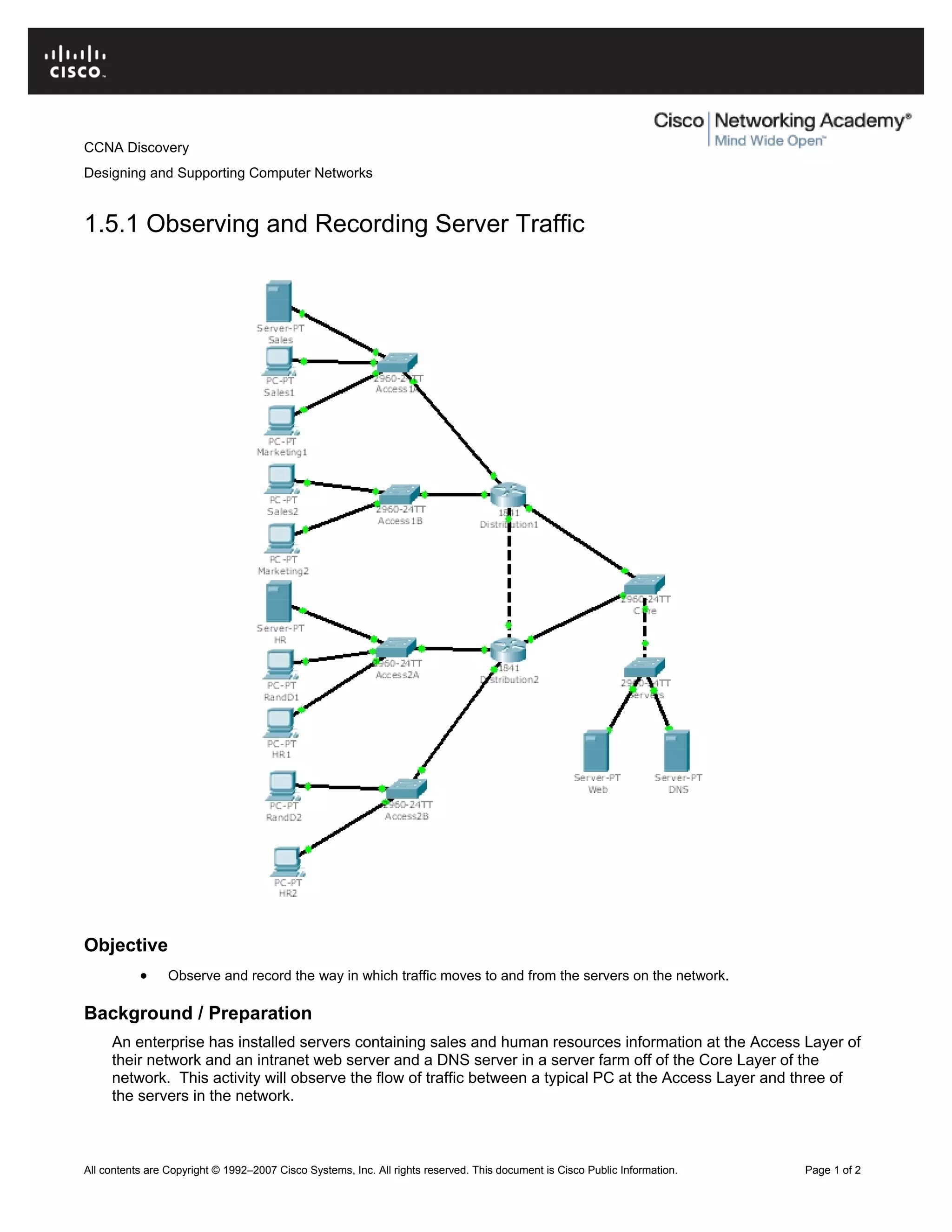 CCNA Discovery
Designing and Supporting Computer Networks
1.5.1 Observing and Recording Server Traffic
Objective
• Observe and record the way in which traffic moves to and from the servers on the network.
Background / Preparation
An enterprise has installed servers containing sales and human resources information at the Access Layer of
their network and an intranet web server and a DNS server in a server farm off of the Core Layer of the
network. This activity will observe the flow of traffic between a typical PC at the Access Layer and three of
the servers in the network.
All contents are Copyright © 1992–2007 Cisco Systems, Inc. All rights reserved. This document is Cisco Public Information. Page 1 of 2
 