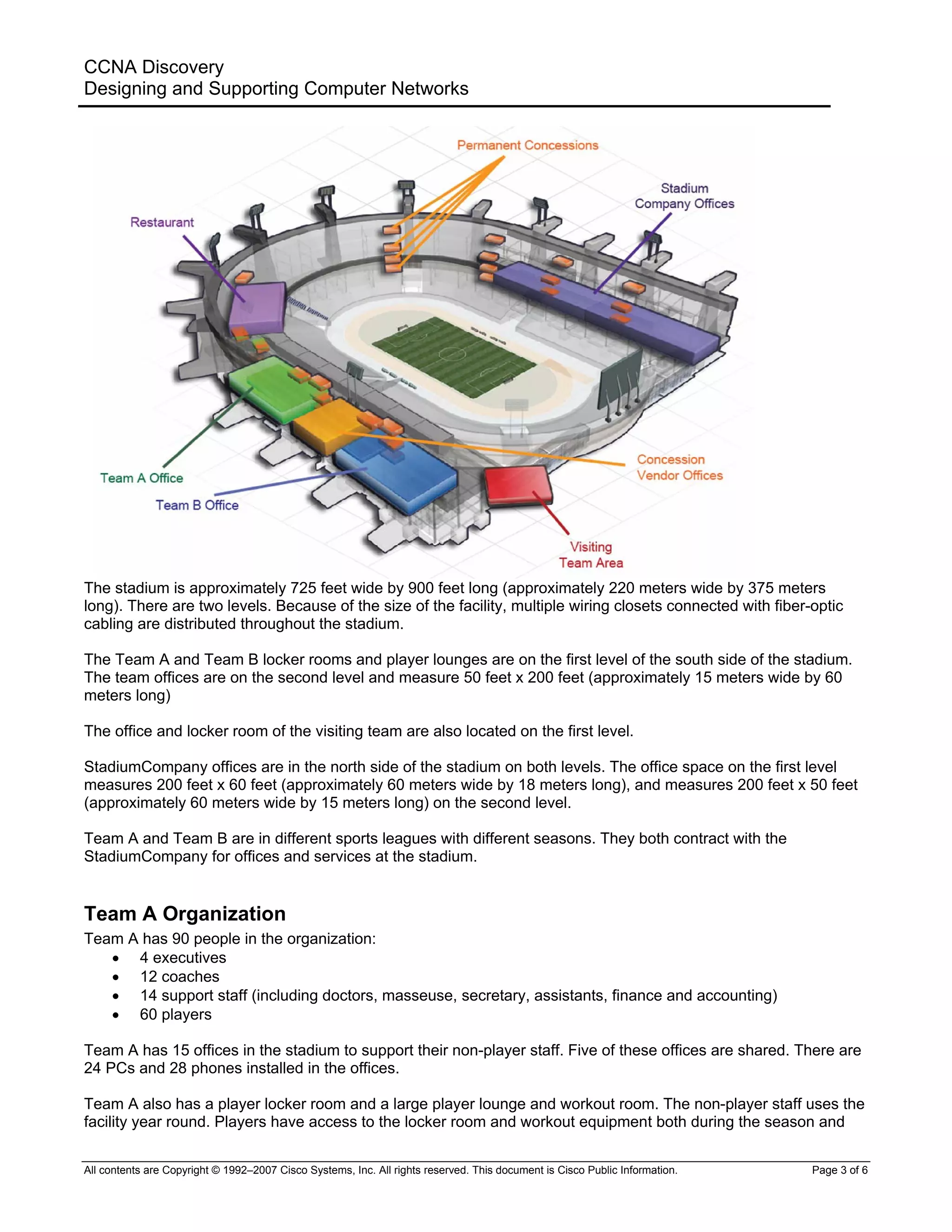 CCNA Discovery
Designing and Supporting Computer Networks
The stadium is approximately 725 feet wide by 900 feet long (approximately 220 meters wide by 375 meters
long). There are two levels. Because of the size of the facility, multiple wiring closets connected with fiber-optic
cabling are distributed throughout the stadium.
The Team A and Team B locker rooms and player lounges are on the first level of the south side of the stadium.
The team offices are on the second level and measure 50 feet x 200 feet (approximately 15 meters wide by 60
meters long)
The office and locker room of the visiting team are also located on the first level.
StadiumCompany offices are in the north side of the stadium on both levels. The office space on the first level
measures 200 feet x 60 feet (approximately 60 meters wide by 18 meters long), and measures 200 feet x 50 feet
(approximately 60 meters wide by 15 meters long) on the second level.
Team A and Team B are in different sports leagues with different seasons. They both contract with the
StadiumCompany for offices and services at the stadium.
Team A Organization
Team A has 90 people in the organization:
• 4 executives
• 12 coaches
• 14 support staff (including doctors, masseuse, secretary, assistants, finance and accounting)
• 60 players
Team A has 15 offices in the stadium to support their non-player staff. Five of these offices are shared. There are
24 PCs and 28 phones installed in the offices.
Team A also has a player locker room and a large player lounge and workout room. The non-player staff uses the
facility year round. Players have access to the locker room and workout equipment both during the season and
All contents are Copyright © 1992–2007 Cisco Systems, Inc. All rights reserved. This document is Cisco Public Information. Page 3 of 6
 