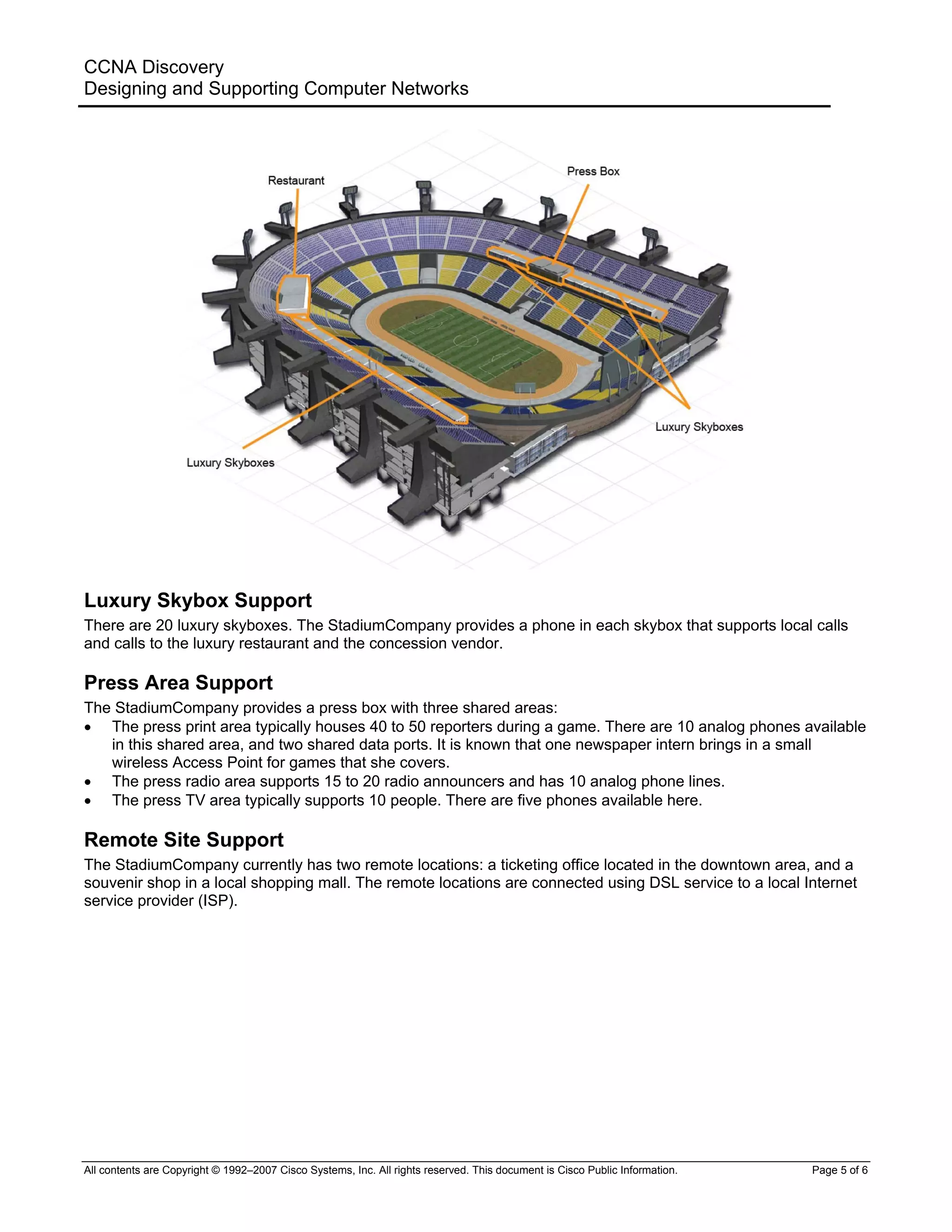 CCNA Discovery
Designing and Supporting Computer Networks
Luxury Skybox Support
There are 20 luxury skyboxes. The StadiumCompany provides a phone in each skybox that supports local calls
and calls to the luxury restaurant and the concession vendor.
Press Area Support
The StadiumCompany provides a press box with three shared areas:
• The press print area typically houses 40 to 50 reporters during a game. There are 10 analog phones available
in this shared area, and two shared data ports. It is known that one newspaper intern brings in a small
wireless Access Point for games that she covers.
• The press radio area supports 15 to 20 radio announcers and has 10 analog phone lines.
• The press TV area typically supports 10 people. There are five phones available here.
Remote Site Support
The StadiumCompany currently has two remote locations: a ticketing office located in the downtown area, and a
souvenir shop in a local shopping mall. The remote locations are connected using DSL service to a local Internet
service provider (ISP).
All contents are Copyright © 1992–2007 Cisco Systems, Inc. All rights reserved. This document is Cisco Public Information. Page 5 of 6
 
