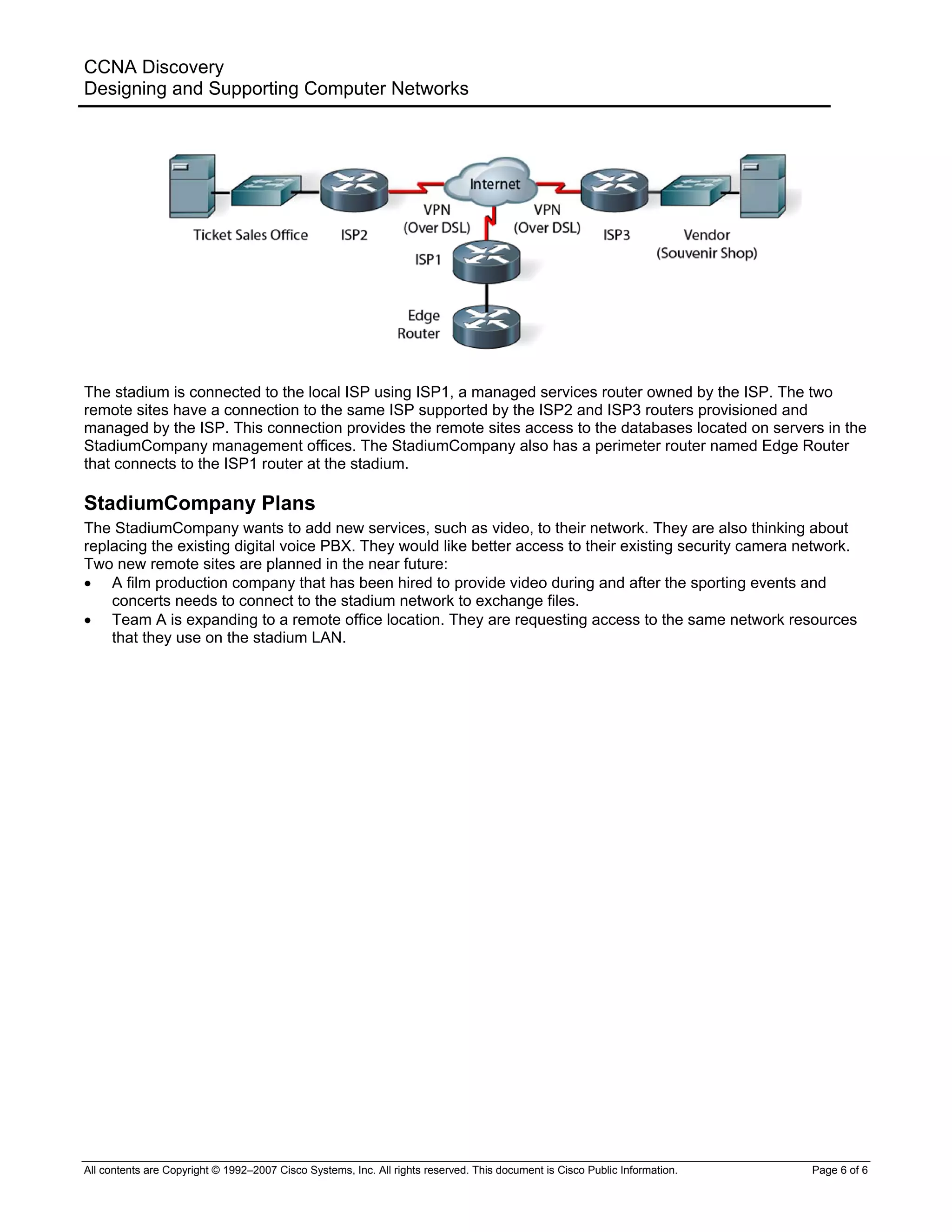 CCNA Discovery
Designing and Supporting Computer Networks
The stadium is connected to the local ISP using ISP1, a managed services router owned by the ISP. The two
remote sites have a connection to the same ISP supported by the ISP2 and ISP3 routers provisioned and
managed by the ISP. This connection provides the remote sites access to the databases located on servers in the
StadiumCompany management offices. The StadiumCompany also has a perimeter router named Edge Router
that connects to the ISP1 router at the stadium.
StadiumCompany Plans
The StadiumCompany wants to add new services, such as video, to their network. They are also thinking about
replacing the existing digital voice PBX. They would like better access to their existing security camera network.
Two new remote sites are planned in the near future:
• A film production company that has been hired to provide video during and after the sporting events and
concerts needs to connect to the stadium network to exchange files.
• Team A is expanding to a remote office location. They are requesting access to the same network resources
that they use on the stadium LAN.
All contents are Copyright © 1992–2007 Cisco Systems, Inc. All rights reserved. This document is Cisco Public Information. Page 6 of 6
 