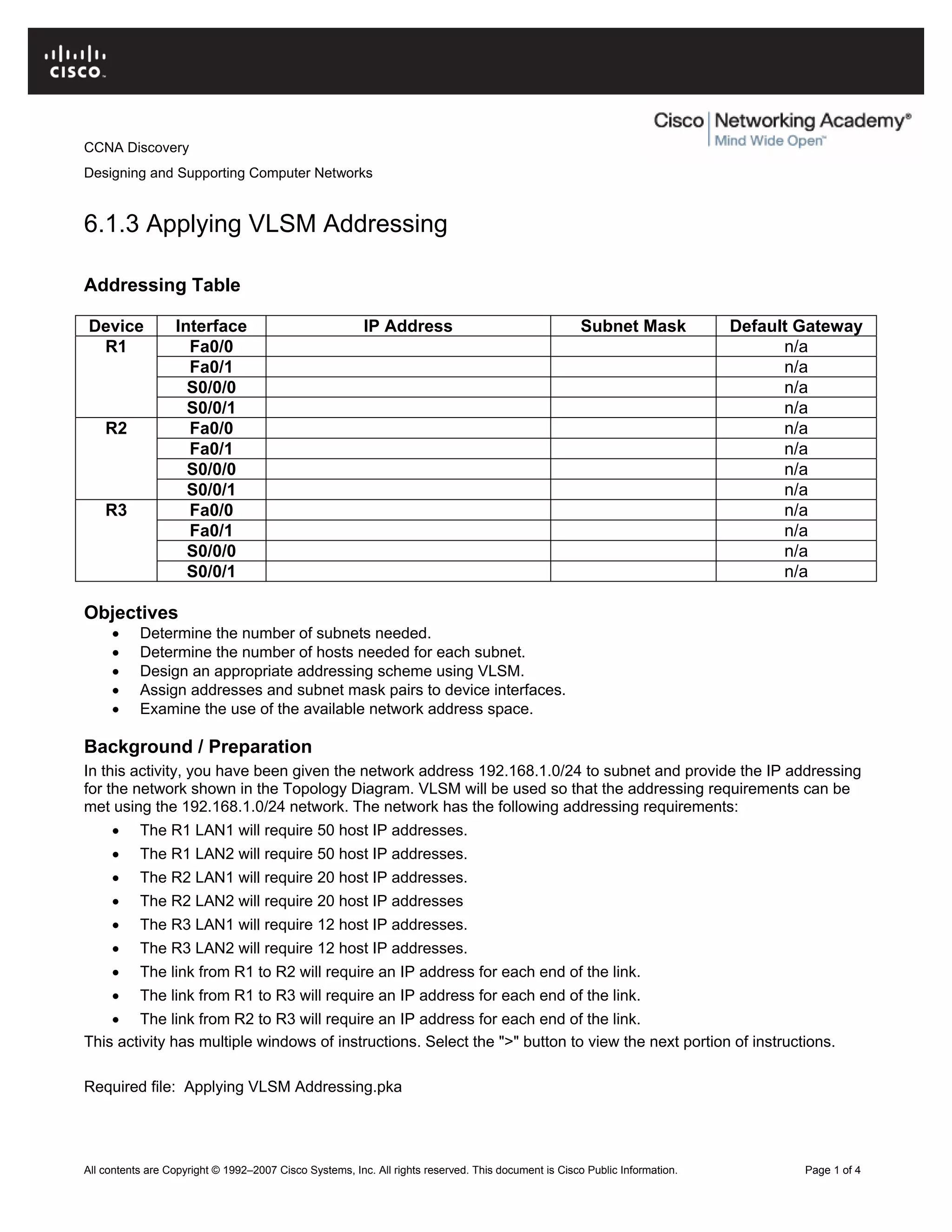 CCNA Discovery
Designing and Supporting Computer Networks
6.1.3 Applying VLSM Addressing
Addressing Table
Device Interface IP Address Subnet Mask Default Gateway
Fa0/0 n/a
Fa0/1 n/a
S0/0/0 n/a
R1
S0/0/1 n/a
Fa0/0 n/a
Fa0/1 n/a
S0/0/0 n/a
R2
S0/0/1 n/a
Fa0/0 n/a
Fa0/1 n/a
S0/0/0 n/a
R3
S0/0/1 n/a
Objectives
• Determine the number of subnets needed.
• Determine the number of hosts needed for each subnet.
• Design an appropriate addressing scheme using VLSM.
• Assign addresses and subnet mask pairs to device interfaces.
• Examine the use of the available network address space.
Background / Preparation
In this activity, you have been given the network address 192.168.1.0/24 to subnet and provide the IP addressing
for the network shown in the Topology Diagram. VLSM will be used so that the addressing requirements can be
met using the 192.168.1.0/24 network. The network has the following addressing requirements:
• The R1 LAN1 will require 50 host IP addresses.
• The R1 LAN2 will require 50 host IP addresses.
• The R2 LAN1 will require 20 host IP addresses.
• The R2 LAN2 will require 20 host IP addresses
• The R3 LAN1 will require 12 host IP addresses.
• The R3 LAN2 will require 12 host IP addresses.
• The link from R1 to R2 will require an IP address for each end of the link.
• The link from R1 to R3 will require an IP address for each end of the link.
• The link from R2 to R3 will require an IP address for each end of the link.
This activity has multiple windows of instructions. Select the ">" button to view the next portion of instructions.
Required file: Applying VLSM Addressing.pka
All contents are Copyright © 1992–2007 Cisco Systems, Inc. All rights reserved. This document is Cisco Public Information. Page 1 of 4
 