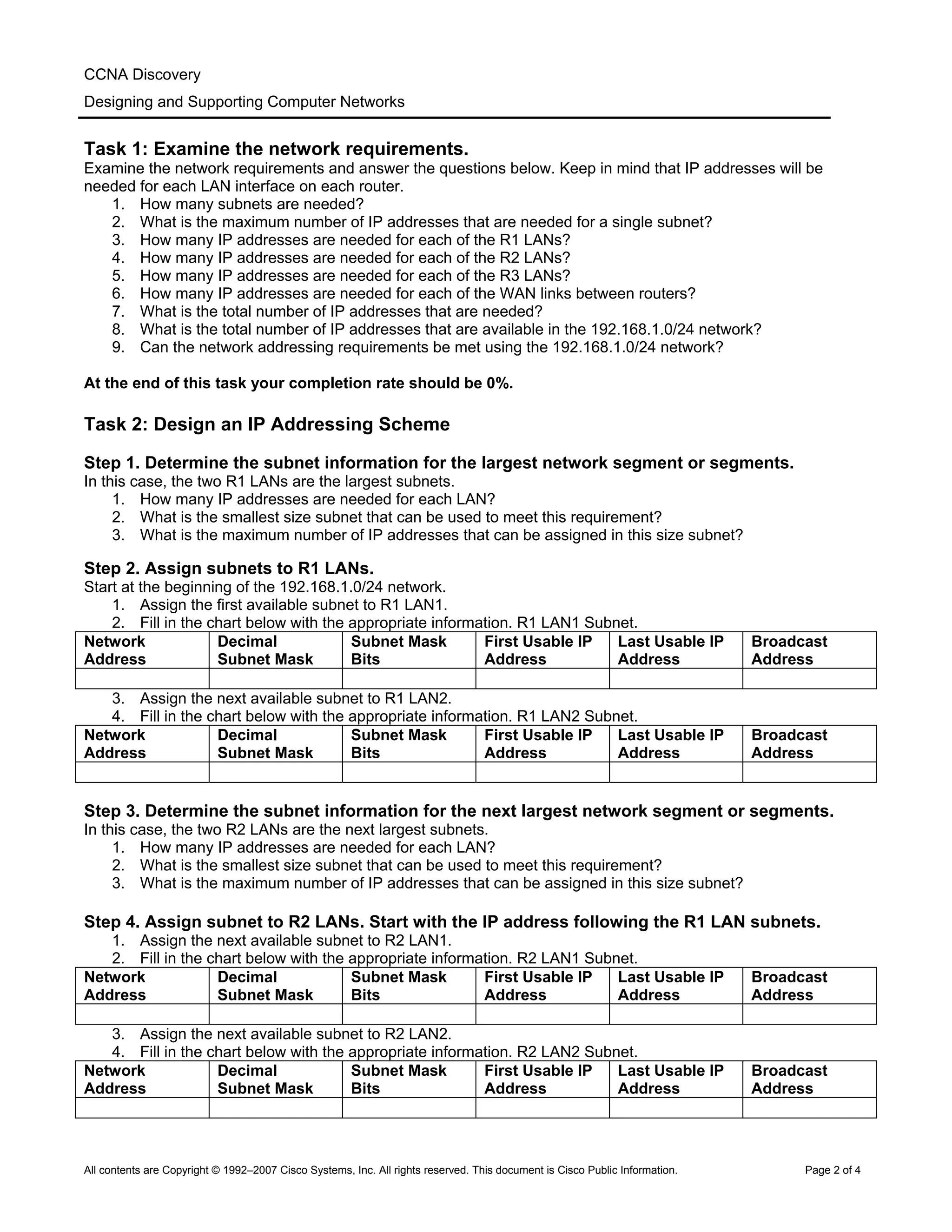 CCNA Discovery
Designing and Supporting Computer Networks
Task 1: Examine the network requirements.
Examine the network requirements and answer the questions below. Keep in mind that IP addresses will be
needed for each LAN interface on each router.
1. How many subnets are needed?
2. What is the maximum number of IP addresses that are needed for a single subnet?
3. How many IP addresses are needed for each of the R1 LANs?
4. How many IP addresses are needed for each of the R2 LANs?
5. How many IP addresses are needed for each of the R3 LANs?
6. How many IP addresses are needed for each of the WAN links between routers?
7. What is the total number of IP addresses that are needed?
8. What is the total number of IP addresses that are available in the 192.168.1.0/24 network?
9. Can the network addressing requirements be met using the 192.168.1.0/24 network?
At the end of this task your completion rate should be 0%.
Task 2: Design an IP Addressing Scheme
Step 1. Determine the subnet information for the largest network segment or segments.
In this case, the two R1 LANs are the largest subnets.
1. How many IP addresses are needed for each LAN?
2. What is the smallest size subnet that can be used to meet this requirement?
3. What is the maximum number of IP addresses that can be assigned in this size subnet?
Step 2. Assign subnets to R1 LANs.
Start at the beginning of the 192.168.1.0/24 network.
1. Assign the first available subnet to R1 LAN1.
2. Fill in the chart below with the appropriate information. R1 LAN1 Subnet.
Network
Address
Decimal
Subnet Mask
Subnet Mask
Bits
First Usable IP
Address
Last Usable IP
Address
Broadcast
Address
3. Assign the next available subnet to R1 LAN2.
4. Fill in the chart below with the appropriate information. R1 LAN2 Subnet.
Network
Address
Decimal
Subnet Mask
Subnet Mask
Bits
First Usable IP
Address
Last Usable IP
Address
Broadcast
Address
Step 3. Determine the subnet information for the next largest network segment or segments.
In this case, the two R2 LANs are the next largest subnets.
1. How many IP addresses are needed for each LAN?
2. What is the smallest size subnet that can be used to meet this requirement?
3. What is the maximum number of IP addresses that can be assigned in this size subnet?
Step 4. Assign subnet to R2 LANs. Start with the IP address following the R1 LAN subnets.
1. Assign the next available subnet to R2 LAN1.
2. Fill in the chart below with the appropriate information. R2 LAN1 Subnet.
Network
Address
Decimal
Subnet Mask
Subnet Mask
Bits
First Usable IP
Address
Last Usable IP
Address
Broadcast
Address
3. Assign the next available subnet to R2 LAN2.
4. Fill in the chart below with the appropriate information. R2 LAN2 Subnet.
Network
Address
Decimal
Subnet Mask
Subnet Mask
Bits
First Usable IP
Address
Last Usable IP
Address
Broadcast
Address
All contents are Copyright © 1992–2007 Cisco Systems, Inc. All rights reserved. This document is Cisco Public Information. Page 2 of 4
 