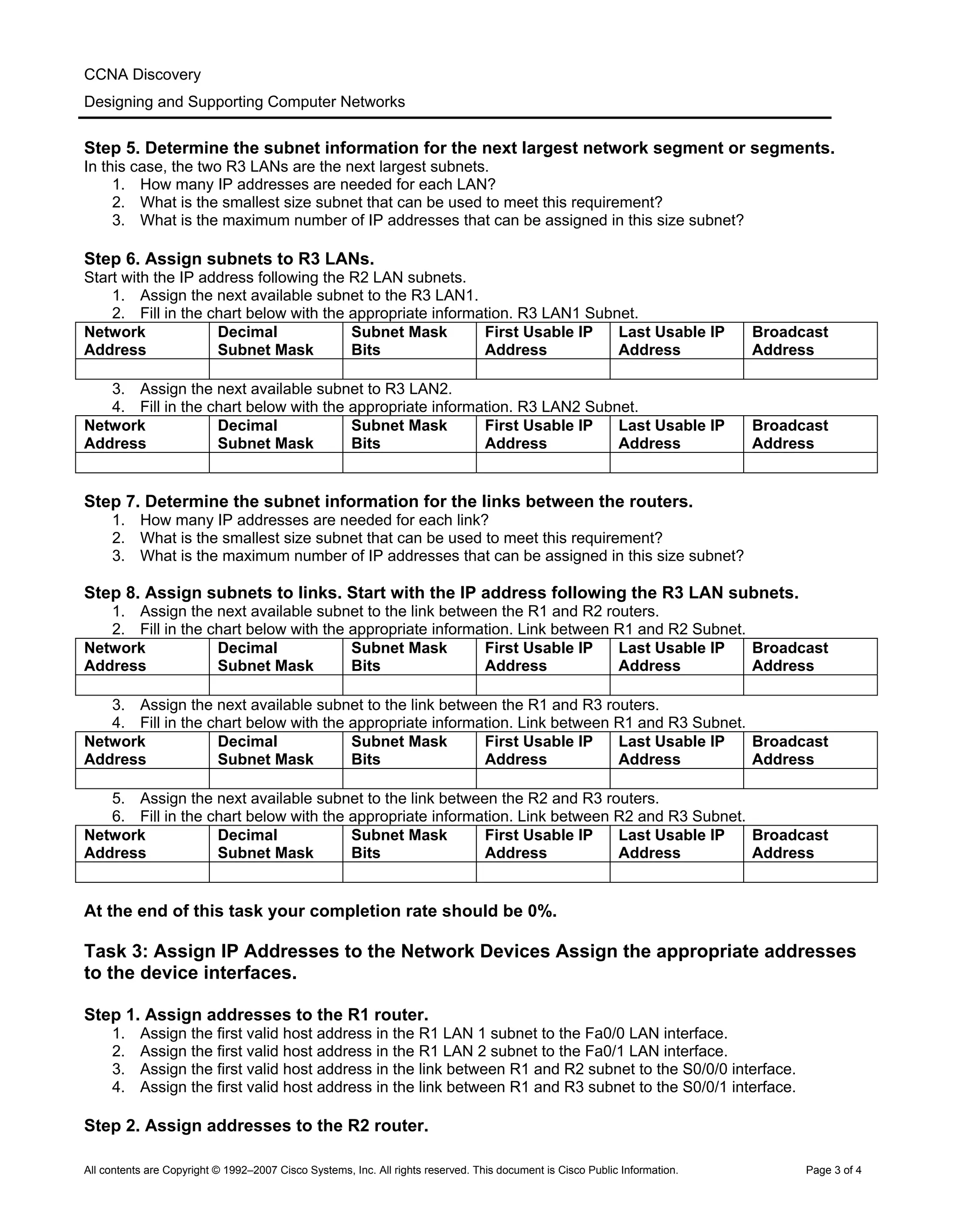 CCNA Discovery
Designing and Supporting Computer Networks
Step 5. Determine the subnet information for the next largest network segment or segments.
In this case, the two R3 LANs are the next largest subnets.
1. How many IP addresses are needed for each LAN?
2. What is the smallest size subnet that can be used to meet this requirement?
3. What is the maximum number of IP addresses that can be assigned in this size subnet?
Step 6. Assign subnets to R3 LANs.
Start with the IP address following the R2 LAN subnets.
1. Assign the next available subnet to the R3 LAN1.
2. Fill in the chart below with the appropriate information. R3 LAN1 Subnet.
Network
Address
Decimal
Subnet Mask
Subnet Mask
Bits
First Usable IP
Address
Last Usable IP
Address
Broadcast
Address
3. Assign the next available subnet to R3 LAN2.
4. Fill in the chart below with the appropriate information. R3 LAN2 Subnet.
Network
Address
Decimal
Subnet Mask
Subnet Mask
Bits
First Usable IP
Address
Last Usable IP
Address
Broadcast
Address
Step 7. Determine the subnet information for the links between the routers.
1. How many IP addresses are needed for each link?
2. What is the smallest size subnet that can be used to meet this requirement?
3. What is the maximum number of IP addresses that can be assigned in this size subnet?
Step 8. Assign subnets to links. Start with the IP address following the R3 LAN subnets.
1. Assign the next available subnet to the link between the R1 and R2 routers.
2. Fill in the chart below with the appropriate information. Link between R1 and R2 Subnet.
Network
Address
Decimal
Subnet Mask
Subnet Mask
Bits
First Usable IP
Address
Last Usable IP
Address
Broadcast
Address
3. Assign the next available subnet to the link between the R1 and R3 routers.
4. Fill in the chart below with the appropriate information. Link between R1 and R3 Subnet.
Network
Address
Decimal
Subnet Mask
Subnet Mask
Bits
First Usable IP
Address
Last Usable IP
Address
Broadcast
Address
5. Assign the next available subnet to the link between the R2 and R3 routers.
6. Fill in the chart below with the appropriate information. Link between R2 and R3 Subnet.
Network
Address
Decimal
Subnet Mask
Subnet Mask
Bits
First Usable IP
Address
Last Usable IP
Address
Broadcast
Address
At the end of this task your completion rate should be 0%.
Task 3: Assign IP Addresses to the Network Devices Assign the appropriate addresses
to the device interfaces.
Step 1. Assign addresses to the R1 router.
1. Assign the first valid host address in the R1 LAN 1 subnet to the Fa0/0 LAN interface.
2. Assign the first valid host address in the R1 LAN 2 subnet to the Fa0/1 LAN interface.
3. Assign the first valid host address in the link between R1 and R2 subnet to the S0/0/0 interface.
4. Assign the first valid host address in the link between R1 and R3 subnet to the S0/0/1 interface.
Step 2. Assign addresses to the R2 router.
All contents are Copyright © 1992–2007 Cisco Systems, Inc. All rights reserved. This document is Cisco Public Information. Page 3 of 4
 