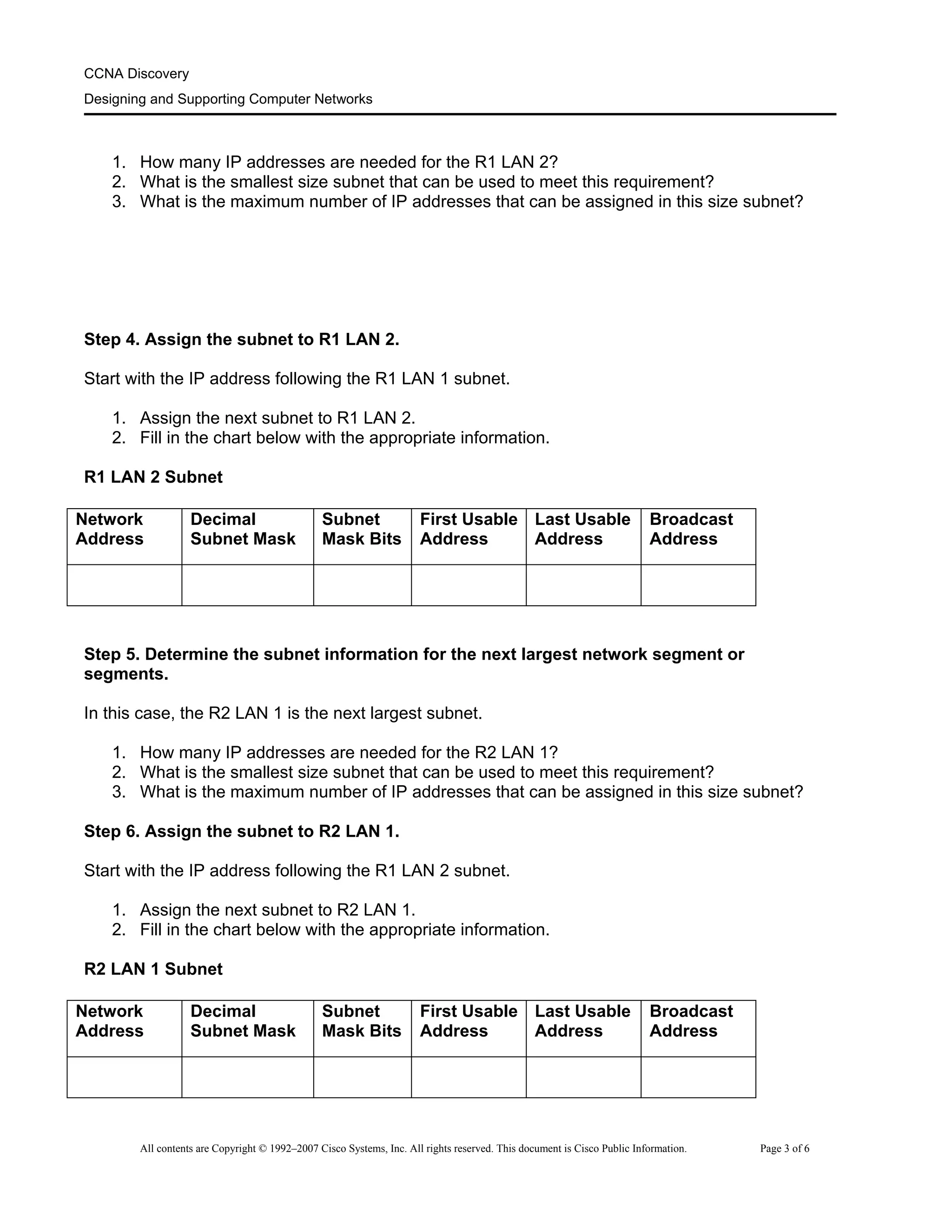 CCNA Discovery
Designing and Supporting Computer Networks
1. How many IP addresses are needed for the R1 LAN 2?
2. What is the smallest size subnet that can be used to meet this requirement?
3. What is the maximum number of IP addresses that can be assigned in this size subnet?
Step 4. Assign the subnet to R1 LAN 2.
Start with the IP address following the R1 LAN 1 subnet.
1. Assign the next subnet to R1 LAN 2.
2. Fill in the chart below with the appropriate information.
R1 LAN 2 Subnet
Network
Address
Decimal
Subnet Mask
Subnet
Mask Bits
First Usable
Address
Last Usable
Address
Broadcast
Address
Step 5. Determine the subnet information for the next largest network segment or
segments.
In this case, the R2 LAN 1 is the next largest subnet.
1. How many IP addresses are needed for the R2 LAN 1?
2. What is the smallest size subnet that can be used to meet this requirement?
3. What is the maximum number of IP addresses that can be assigned in this size subnet?
Step 6. Assign the subnet to R2 LAN 1.
Start with the IP address following the R1 LAN 2 subnet.
1. Assign the next subnet to R2 LAN 1.
2. Fill in the chart below with the appropriate information.
R2 LAN 1 Subnet
Network
Address
Decimal
Subnet Mask
Subnet
Mask Bits
First Usable
Address
Last Usable
Address
Broadcast
Address
All contents are Copyright © 1992–2007 Cisco Systems, Inc. All rights reserved. This document is Cisco Public Information. Page 3 of 6
 