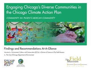 Findings and Recommendations At-A-Glance
Submitted by: Environment, Culture, and Conservation (ECCo), a Division of Science at The Field Museum
To: The City of Chicago Department of Environment
	 		
City of Chicago
Richard M. Daley, Mayor
Department of Environment
COMMUNITY #4: PILSEN’S MEXICAN COMMUNITY
Engaging Chicago’s Diverse Communities in
the Chicago Climate Action Plan
 
