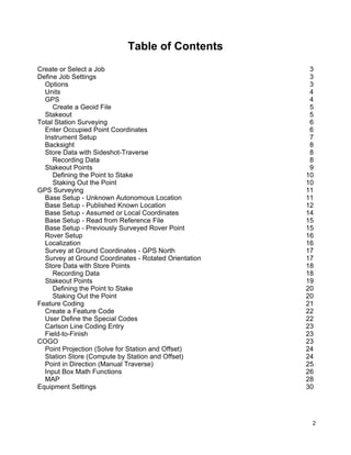 2
Table of Contents
Create or Select a Job 3
Define Job Settings 3
Options 3
Units 4
GPS 4
Create a Geoid File 5
Stakeout 5
Total Station Surveying 6
Enter Occupied Point Coordinates 6
Instrument Setup 7
Backsight 8
Store Data with Sideshot-Traverse 8
Recording Data 8
Stakeout Points 9
Defining the Point to Stake 10
Staking Out the Point 10
GPS Surveying 11
Base Setup - Unknown Autonomous Location 11
Base Setup - Published Known Location 12
Base Setup - Assumed or Local Coordinates 14
Base Setup - Read from Reference File 15
Base Setup - Previously Surveyed Rover Point 15
Rover Setup 16
Localization 16
Survey at Ground Coordinates - GPS North 17
Survey at Ground Coordinates - Rotated Orientation 17
Store Data with Store Points 18
Recording Data 18
Stakeout Points 19
Defining the Point to Stake 20
Staking Out the Point 20
Feature Coding 21
Create a Feature Code 22
User Define the Special Codes 22
Carlson Line Coding Entry 23
Field-to-Finish 23
COGO 23
Point Projection (Solve for Station and Offset) 24
Station Store (Compute by Station and Offset) 24
Point in Direction (Manual Traverse) 25
Input Box Math Functions 26
MAP 28
Equipment Settings 30
 