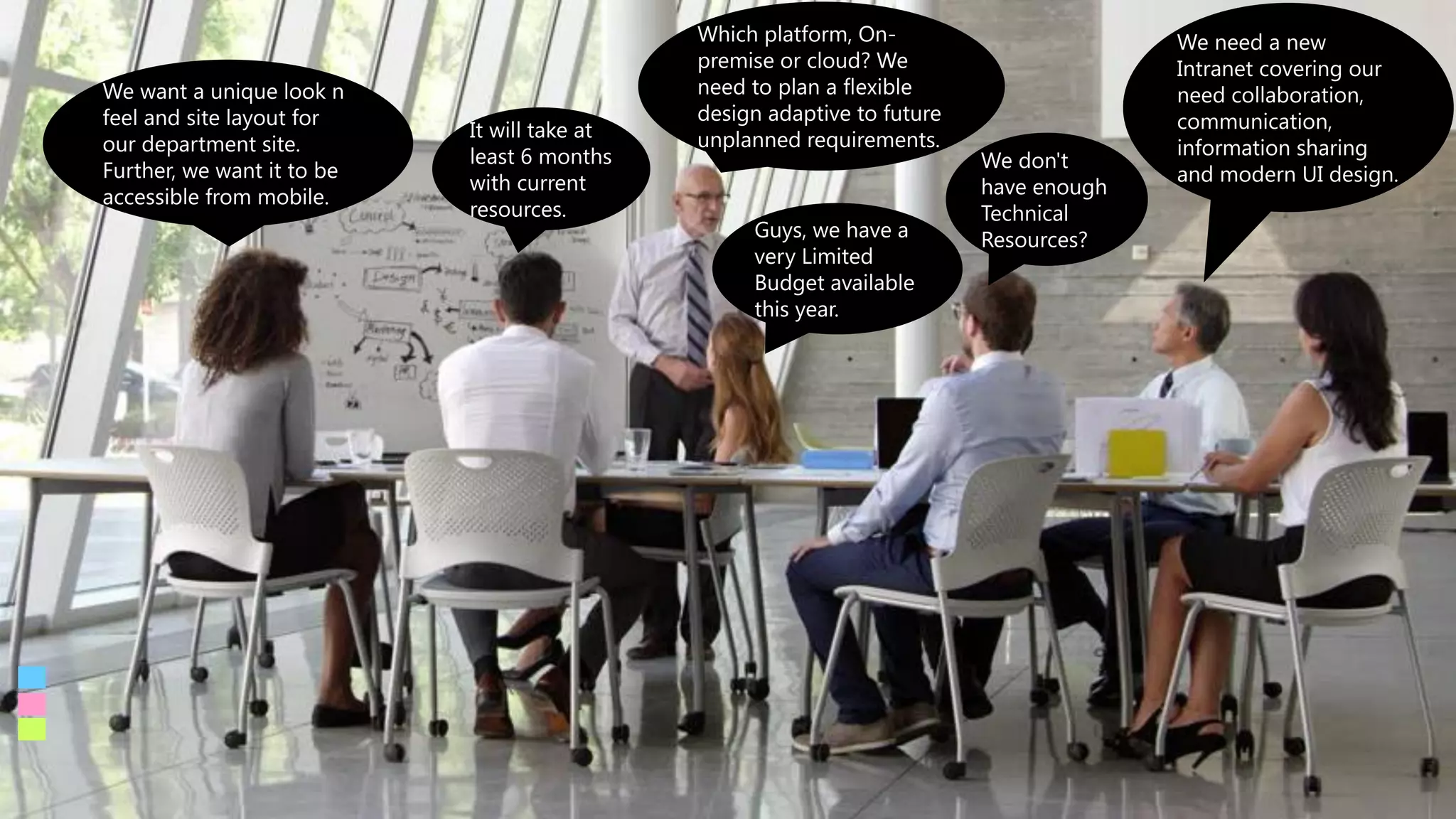 3
www.365appz.comwww.365appz.com
We want a unique look n
feel and site layout for
our department site.
Further, we want it to be
accessible from mobile.
It will take at
least 6 months
with current
resources.
Which platform, On-
premise or cloud? We
need to plan a flexible
design adaptive to future
unplanned requirements.
Guys, we have a
very Limited
Budget available
this year.
We don't
have enough
Technical
Resources?
We need a new
Intranet covering our
need collaboration,
communication,
information sharing
and modern UI design.
 