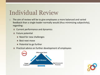  The aim of review will be to give employees a more balanced and varied
feedback than a single leader normally would (thus minimizing subjectivity),
regarding:
 Current performance and dynamics
 Future potential
 Need for new challenges
 Best next move
 Potential to go further
 Practical advice on further development of employees
Individual Review
 