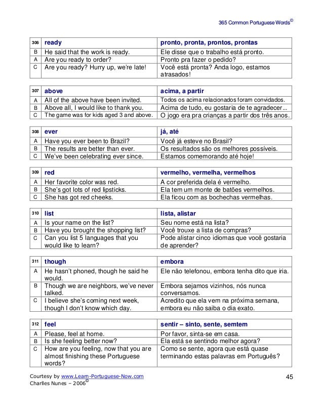 365 common portuguese words