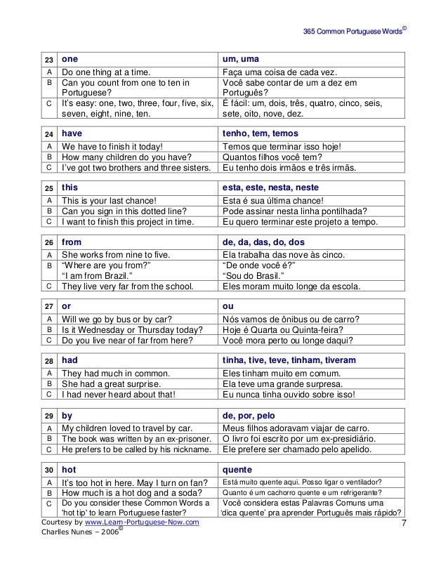 365 common portuguese words