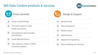 365 Data Centers products & services
365 Data Centers Confidential 18
Cross connects
Carrier neutral facilities
10+ carrier options in each
facility and growing
Connectivity to cloud providers
and solutions
Onsite Meet Me Rooms
Fiber, Ethernet, COAX, or POTS
connectivity options
Remote hands
Value engineering
Network layout
Cabinet layout
Deployment engineering
Secure shipping and receiving
Design & Support
 