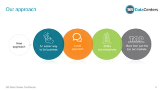  	
  	
  	
  	
  	
  	
  	
  	
  	
  	
  	
  	
  	
  	
  	
  
Our approach
New
approach An easier way
to do business
Local
approach
SMBs
not enterprises
More than just the
top tier markets
365 Data Centers Confidential 8
 