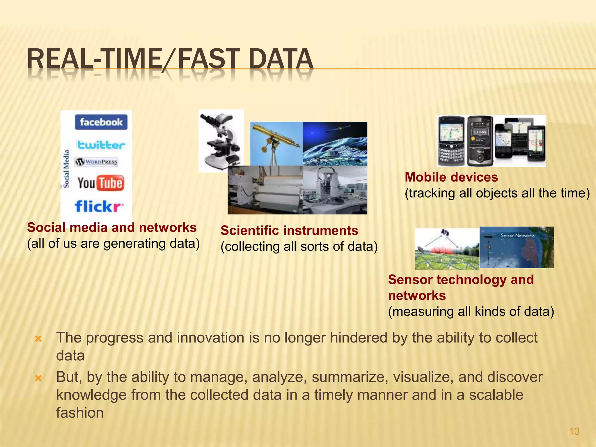 REAL-TIME/FAST DATA
 The progress and innovation is no longer hindered by the ability to collect
data
 But, by the ability to manage, analyze, summarize, visualize, and discover
knowledge from the collected data in a timely manner and in a scalable
fashion
13
Social media and networks
(all of us are generating data)
Scientific instruments
(collecting all sorts of data)
Mobile devices
(tracking all objects all the time)
Sensor technology and
networks
(measuring all kinds of data)
 