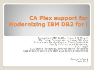 CA Plex support for
Modernizing IBM DB2 for i
Re-engineer DDS to DDL (Model API Wizard)
SQL Index, Encoded Vector Index, SQL View
Primary Key, Foreign Key and Check Constraints
Identity Columns, Audit Timestamp
SQL Trigger
SQL Stored Procedures, External Stored Procedures
Stop program-centric and start data-centric programming
George Jeffcock
Nov 2015
 