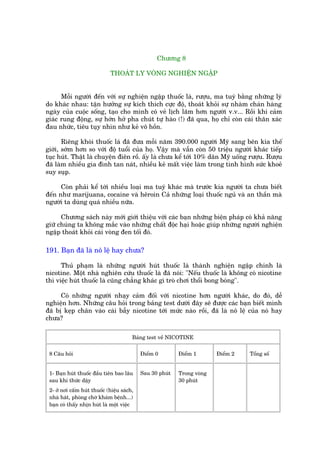 Chûúng 8

                              THOAÁT LY VOÂNG NGHIÏÅN NGÊÅP


      Möîi ngûúâi àïën vúái sûå nghiïån ngêåp thuöëc laá, rûúåu, ma tuyá bùçng nhûäng lyá
do khaác nhau: têån hûúãng sûå kñch thñch cûåc àöå, thoaát khoãi sûå nhaâm chaán haâng
ngaây cuãa cuöåc söëng, taåo cho mònh coá veã lõch laäm hún ngûúâi v.v... Röìi khi caãm
giaác rung àöång, sûå húán húã pha chuát tûå haâo (!) àaä qua, hoå chó coân caái thên xaác
àau nhûác, tiïu tuåy nhòn nhû keã vö höìn.

       Riïng khoái thuöëc laá àaä àûa möîi nùm 390.000 ngûúâi Myä sang bïn kia thïë
giúái, súám hún so vúái àöå tuöíi cuãa hoå. Vêåy maâ vêîn coân 50 triïåu ngûúâi khaác tiïëp
tuåc huát. Thêåt laâ chuyïån àiïn röì. êëy laâ chûa kïí túái 10% dên Myä uöëng rûúåu. Rûúåu
àaä laâm nhiïìu gia àònh tan naát, nhiïìu keã mêët viïåc laâm trong tònh hònh sûác khoeã
suy suåp.

      Coân phaãi kïí túái nhiïìu loaåi ma tuyá khaác maâ trûúác kia ngûúâi ta chûa biïët
àïën nhû marijuana, cocaine vaâ hïroin Caã nhûäng loaåi thuöëc nguã vaâ an thêìn maâ
ngûúâi ta duâng quaá nhiïìu nûäa.

      Chûúng saách naây múái giúái thiïåu vúái caác baån nhûäng biïån phaáp coá khaã nùng
giûä chuáng ta khöng mùæc vaâo nhûäng chêët àöåc haåi hoùåc giuáp nhûäng ngûúâi nghiïån
ngêåp thoaát khoãi caái voâng àen töëi àoá.

191. Baån àaä laâ nö lïå hay chûa?

      Thuã phaåm laâ nhûäng ngûúâi huát thuöëc laâ thaânh nghiïån ngêåp chñnh laâ
nicotine. Möåt nhaâ nghiïn cûáu thuöëc laâ àaä noái: "Nïëu thuöëc laâ khöng coá nicotine
thò viïåc huát thuöëc laâ cuäng chùèng khaác gò troâ chúi thöíi bong boáng".

      Coá nhûäng ngûúâi nhaåy caãm àöëi vúái nicotine hún ngûúâi khaác, do àoá, dïî
nghiïån hún. Nhûäng cêu hoãi trong baãng test dûúái àêy seä àûúåc caác baån biïët mònh
àaä bõ keåp chên vaâo caái bêîy nicotine túái mûác naâo röìi, àaä laâ nö lïå cuãa noá hay
chûa?

                                        Baãng test vïì NICOTINE


 8 Cêu hoãi                                 Àiïím 0        Àiïím 1       Àiïím 2   Töíng söë


 1- Baån huát thuöëc àêìu tiïn bao lêu      Sau 30 phuát   Trong voâng
 sau khi thûác dêåy                                        30 phuát
 2- úã núi cêëm huát thuöëc (hiïåu saách,
 nhaâ haát, phoâng chúâ khaám bïånh...)
 baån coá thêëy nhõn huát laâ möåt viïåc
 