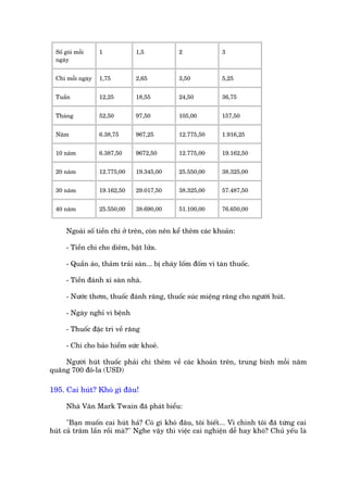Söë goái möîi    1           1,5             2              3
  ngaây


  Chi möîi ngaây   1,75        2,65            3,50           5,25


  Tuêìn            12,25       18,55           24,50          36,75


  Thaáng           52,50       97,50           105,00         157,50


  Nùm              6.38,75     967,25          12.775,50      1.916,25


  10 nùm           6.387,50    9672,50         12.775,00      19.162,50


  20 nùm           12.775,00   19.345,00       25.550,00      38.325,00


  30 nùm           19.162,50   29.017,50       38.325,00      57.487,50


  40 nùm           25.550,00   38.690,00       51.100,00      76.650,00


      Ngoaâi söë tiïìn chi úã trïn, coân nïn kïí thïm caác khoaãn:

      - Tiïìn chi cho diïm, bêåt lûãa.

      - Quêìn aáo, thaãm traãi saân... bõ chaáy löëm àöëm vò taân thuöëc.

      - Tiïìn àaánh xi saân nhaâ.

      - Nûúác thúm, thuöëc àaánh rùng, thuöëc suác miïång rùng cho ngûúâi huát.

      - Ngaây nghó vò bïånh

      - Thuöëc àùåc trò vïì rùng

      - Chi cho baão hiïím sûác khoeã.

     Ngûúâi huát thuöëc phaãi chi thïm vïì caác khoaãn trïn, trung bònh möîi nùm
quaäng 700 àö-la (USD)

195. Cai huát? Khoá gò àêu!

      Nhaâ Vùn Mark Twain àaä phaát biïíu:

      "Baån muöën cai huát haã? Coá gò khoá àêu, töi biïët... Vò chñnh töi àaä tûâng cai
huát caã trùm lêìn röìi maâ?" Nghe vêåy thò viïåc cai nghiïån dïî hay khoá? Chuã yïëu laâ
 