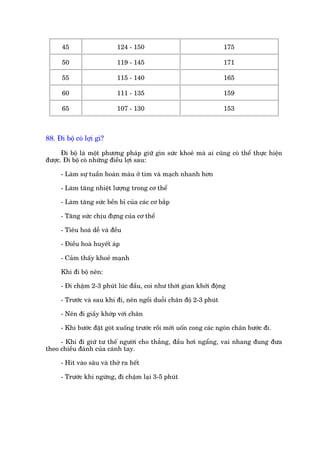 45                    124 - 150                               175

      50                    119 - 145                               171

      55                    115 - 140                               165

      60                    111 - 135                               159

      65                    107 - 130                               153



88. Ài böå coá lúåi gò?

      Ài böå laâ möåt phûúng phaáp giûä gòn sûác khoeã maâ ai cuäng coá thïí thûåc hiïån
àûúåc. Ài böå coá nhûäng àiïìu lúåi sau:

      - Laâm sûå tuêìn hoaân maáu úã tim vaâ maåch nhanh hún

      - Laâm tùng nhiïåt lûúång trong cú thïí

      - Laâm tùng sûác bïìn bó cuãa caác cú bùæp

      - Tùng sûác chõu àûång cuãa cú thïí

      - Tiïu hoaá dïî vaâ àïìu

      - Àiïìu hoaâ huyïët aáp

      - Caãm thêëy khoeã maånh

      Khi ài böå nïn:

      - Ài chêåm 2-3 phuát luác àêìu, coi nhû thúâi gian khúãi àöång

      - Trûúác vaâ sau khi ài, nïn ngöìi duöîi chên àöå 2-3 phuát

      - Nïn ài giêìy khúáp vúái chên

      - Khi bûúác àùåt goát xuöëng trûúác röìi múái uöën cong caác ngoán chên bûúác ài.

     - Khi ài giûä tû thïë ngûúâi cho thùèng, àêìu húi ngêíng, vai nhang àung àûa
theo chiïìu àaánh cuãa caánh tay.

      - Hñt vaâo sêu vaâ thúã ra hïët

      - Trûúác khi ngûâng, ài chêåm laåi 3-5 phuát
 