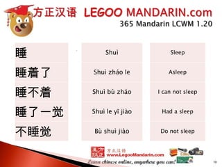 睡

Shuì

Sleep

睡着了

Shuì zháo le

Asleep

睡不着

Shuì bù zháo

I can not sleep

睡了一觉

Shuì le yī jiào

Had a sleep

Bù shuì jiào

Do not sleep

不睡觉

19

 
