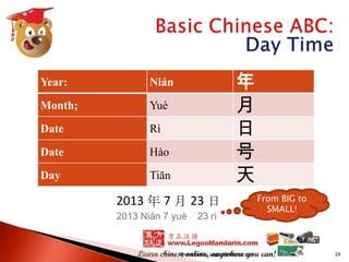 Year:
Month;

Yuè

Date

Rì

Date

Hào

Day

年
月
日
号
天

Nián

Tiān

2013 年 7 月 23 日
2013 Nián 7 yuè

23 rì

Presented by LegooMandarin.com

From BIG to
SMALL!

24

 