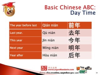 The year before last

Qián nián

Last year.

Qù nián

This year

Jīn nián

Next year

Míng nián

Year after

Hòu nián

前年
去年
今年
明年
后年

Presented by LegooMandarin.com

25

 
