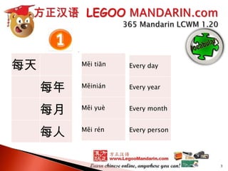 每天

Měi tiān

Every day

每年

Měinián

Every year

每月

Měi yuè

Every month

每人

Měi rén

Every person

3

 